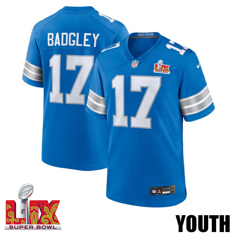 Michael Badgley #17 Detroit Lions Super Bowl LIX YOUTH Jersey - Blue
