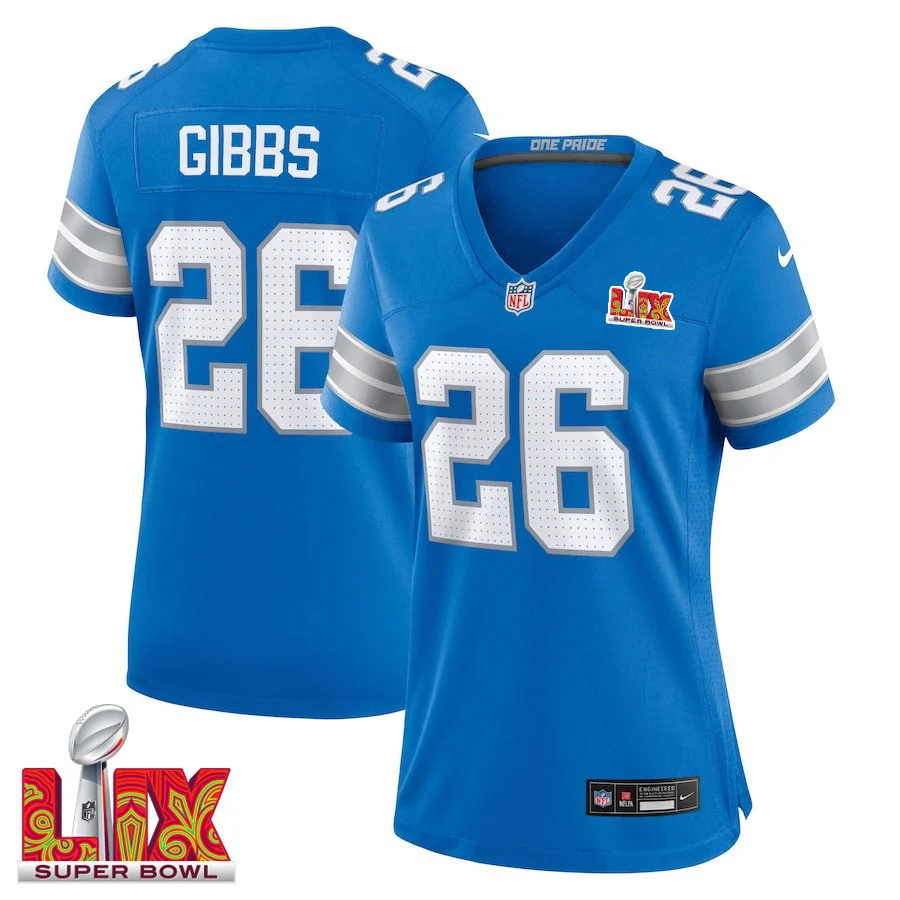 Jahmyr Gibbs #26 Detroit Lions Super Bowl LIX Women's Jersey - Blue