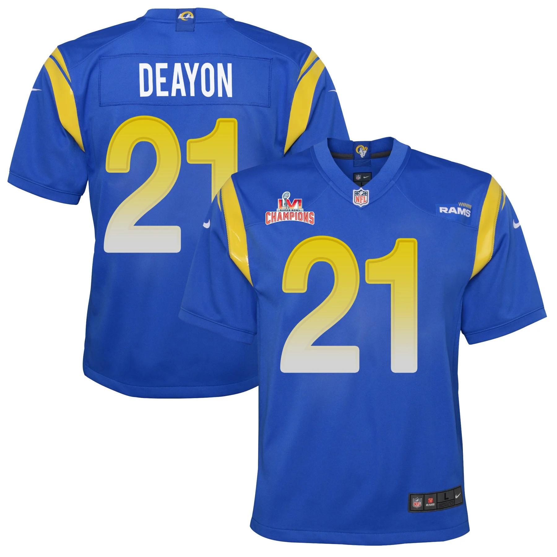 Super Bowl LVI Champions Los Angeles Rams Dont'e Deayon 21 Royal Youth's Jersey Jersey