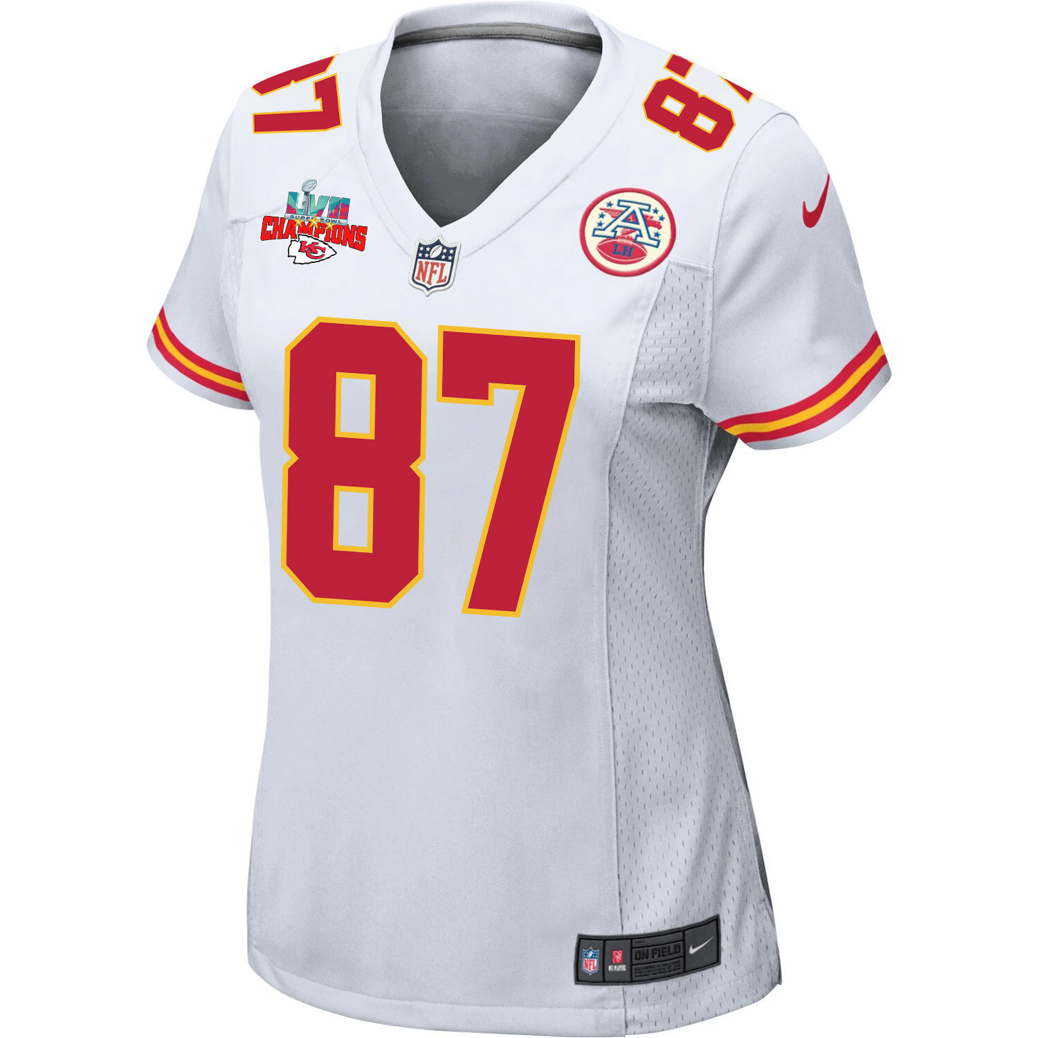 Travis Kelce 87 Kansas City Chiefs Super Bowl LVII Champions 3 Stars Women Game Jersey - White