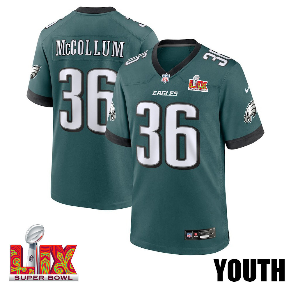 Tristin McCollum #36 Philadelphia Eagles Super Bowl LIX YOUTH Jersey - Midnight Green