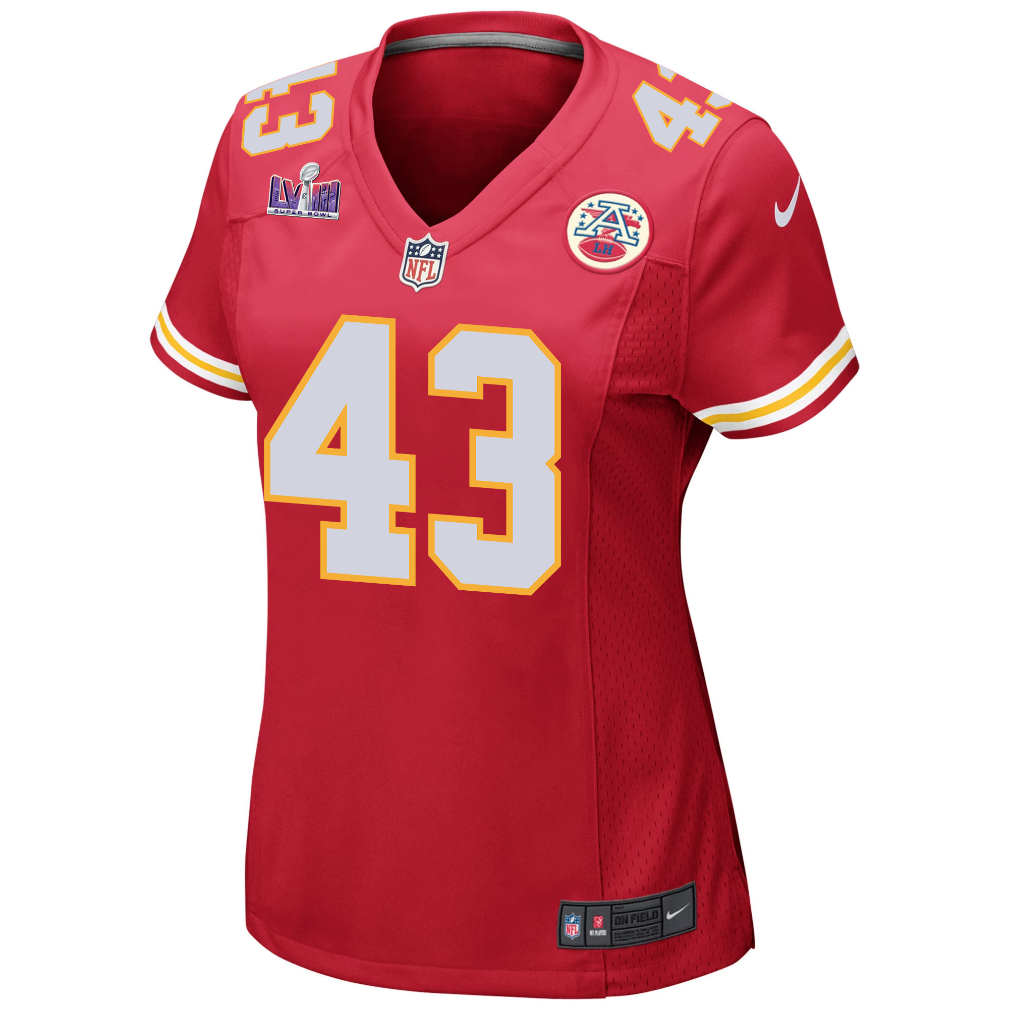 Jack Cochrane 43 Kansas City Chiefs Super Bowl LVIII Patch Game Women Jersey - Red