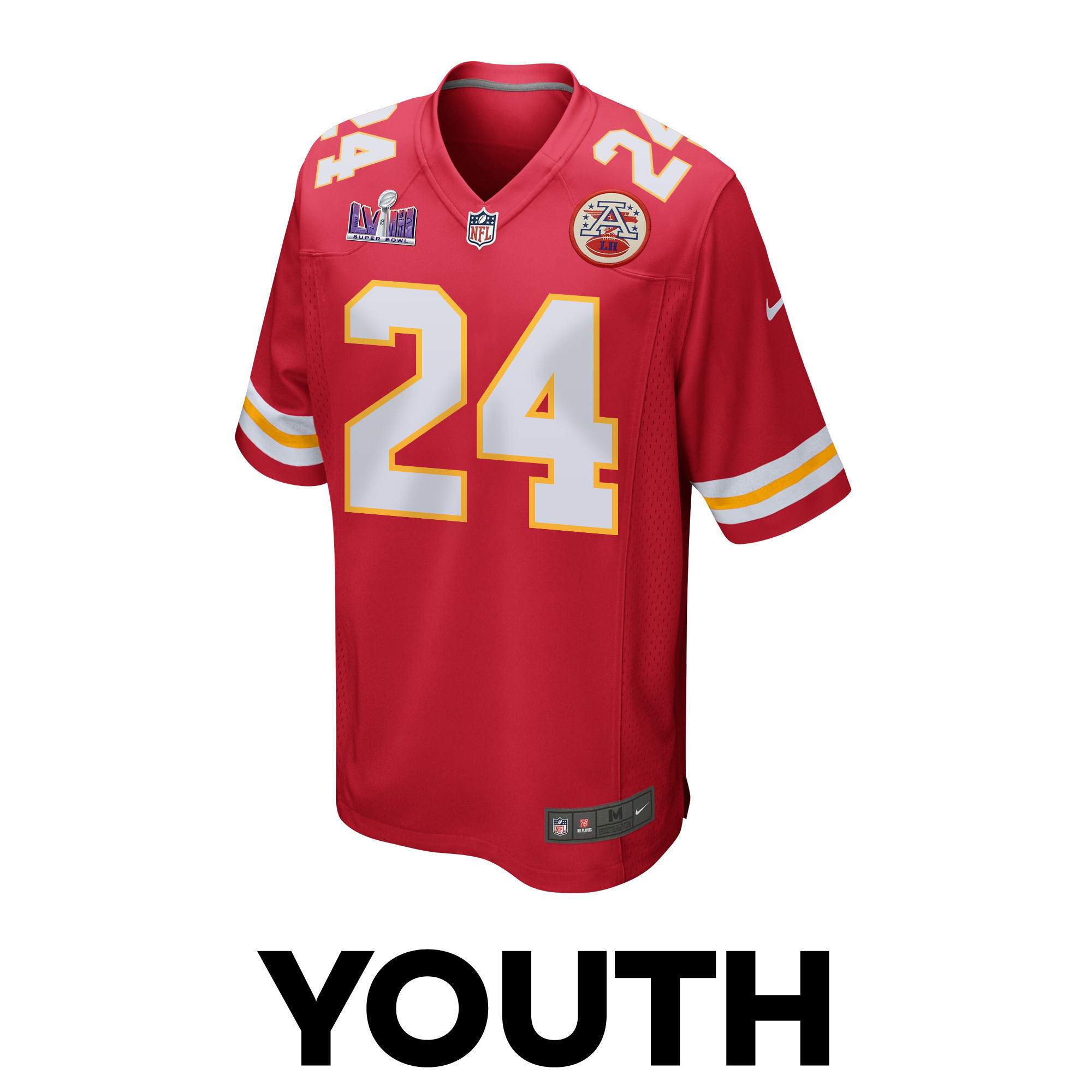 Skyy Moore 24 Kansas City Chiefs Super Bowl LVIII Patch Game YOUTH Jersey - Red