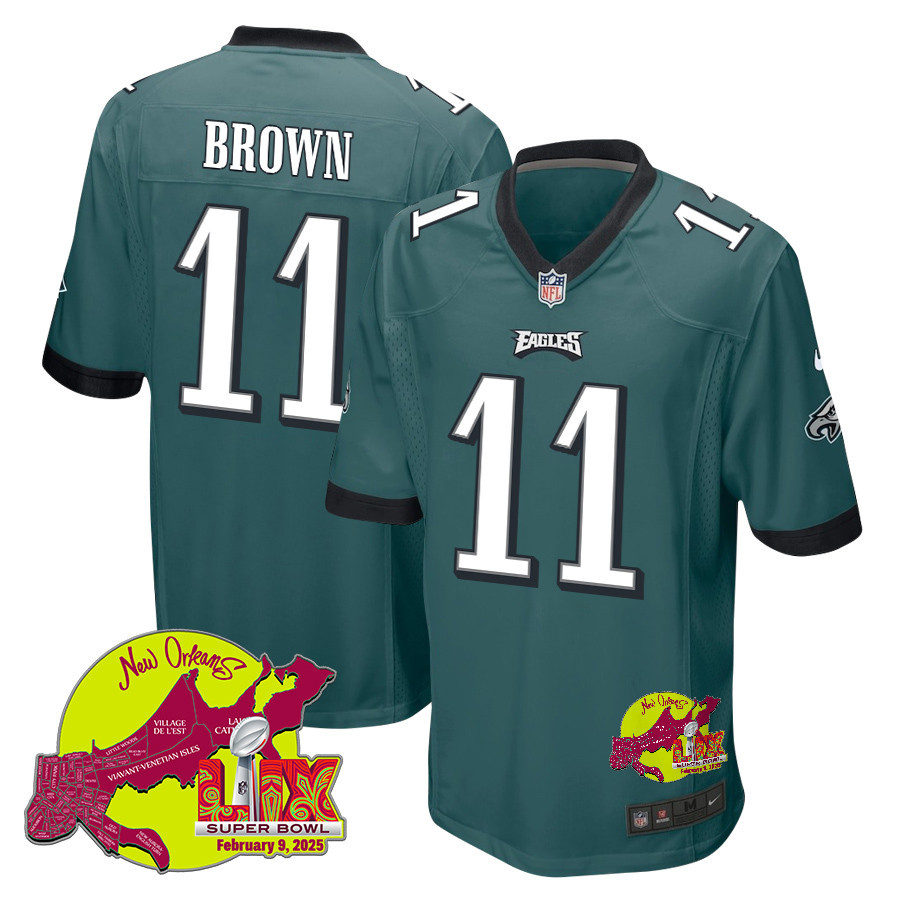 A.J. Brown 11 Philadelphia Eagles Super Bowl LIX New Orleans Patch Game Men Jersey - Midnight Green