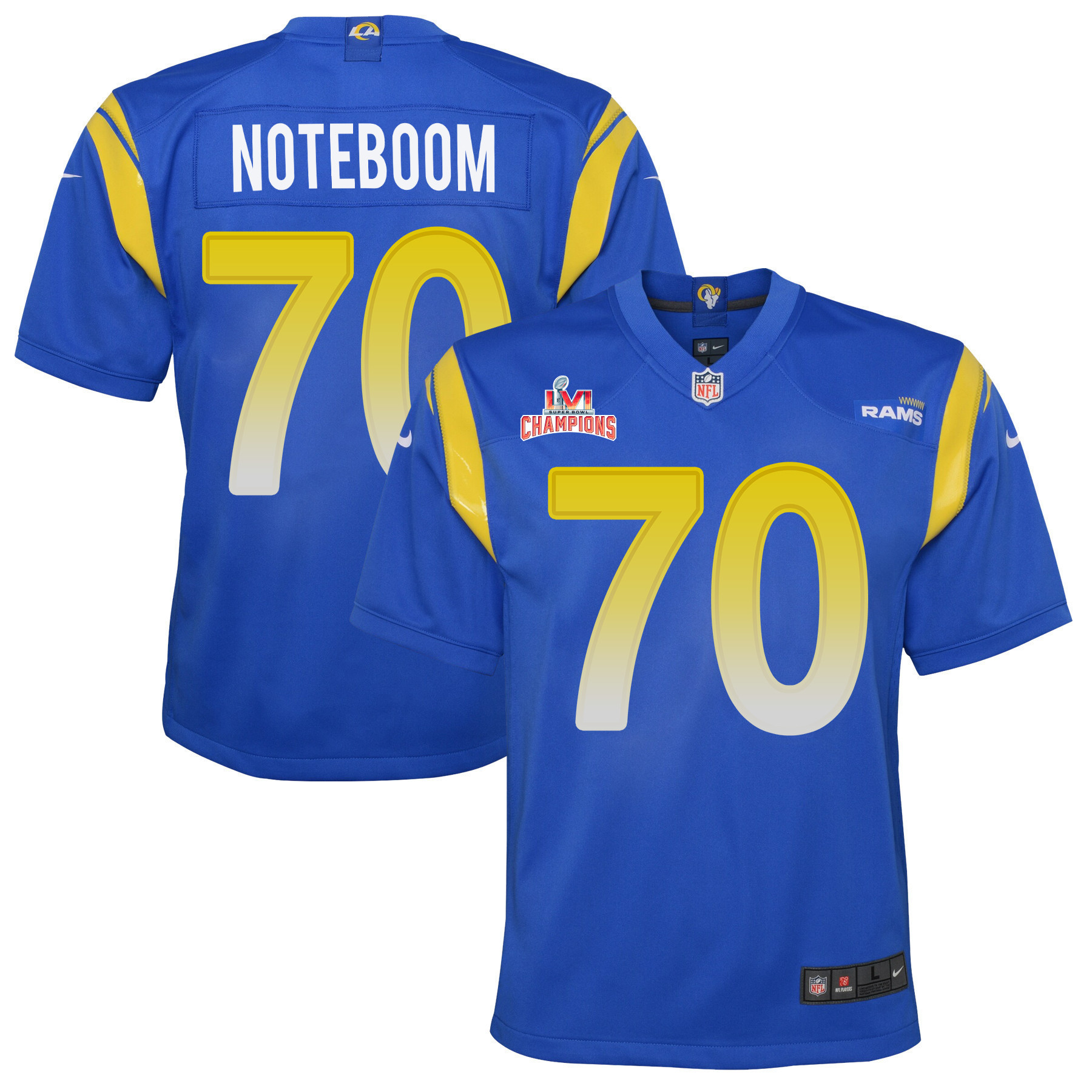 Super Bowl LVI Champions Los Angeles Rams Joe Noteboom 70 Royal Youth's Jersey Jersey