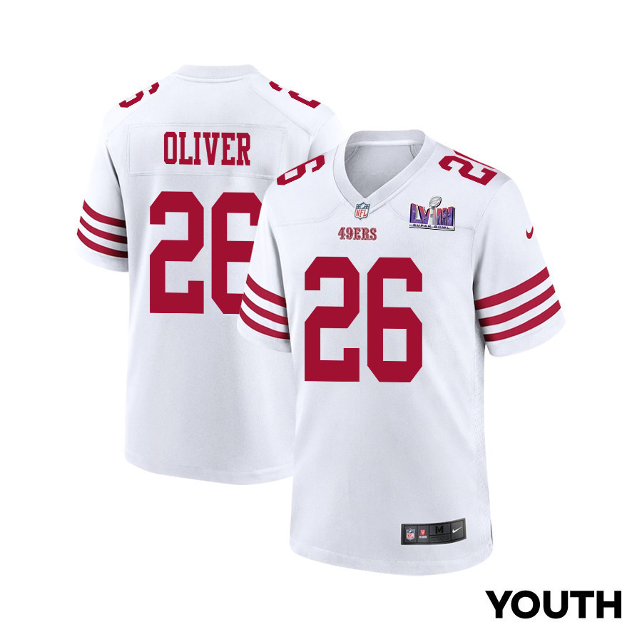 Isaiah Oliver 26 San Francisco 49ers Super Bowl LVIII Patch Game YOUTH Jersey - White
