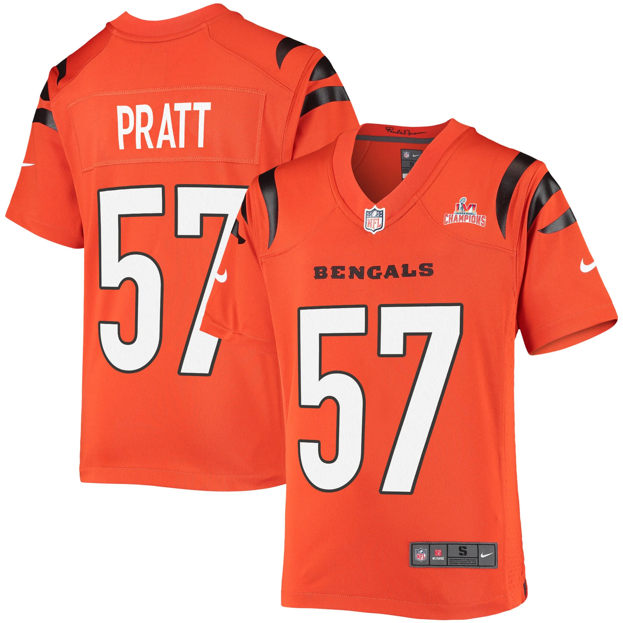 Super Bowl LVI Champions Cincinnati Bengals Germaine Pratt 57 Orange Youth's Jersey Jersey