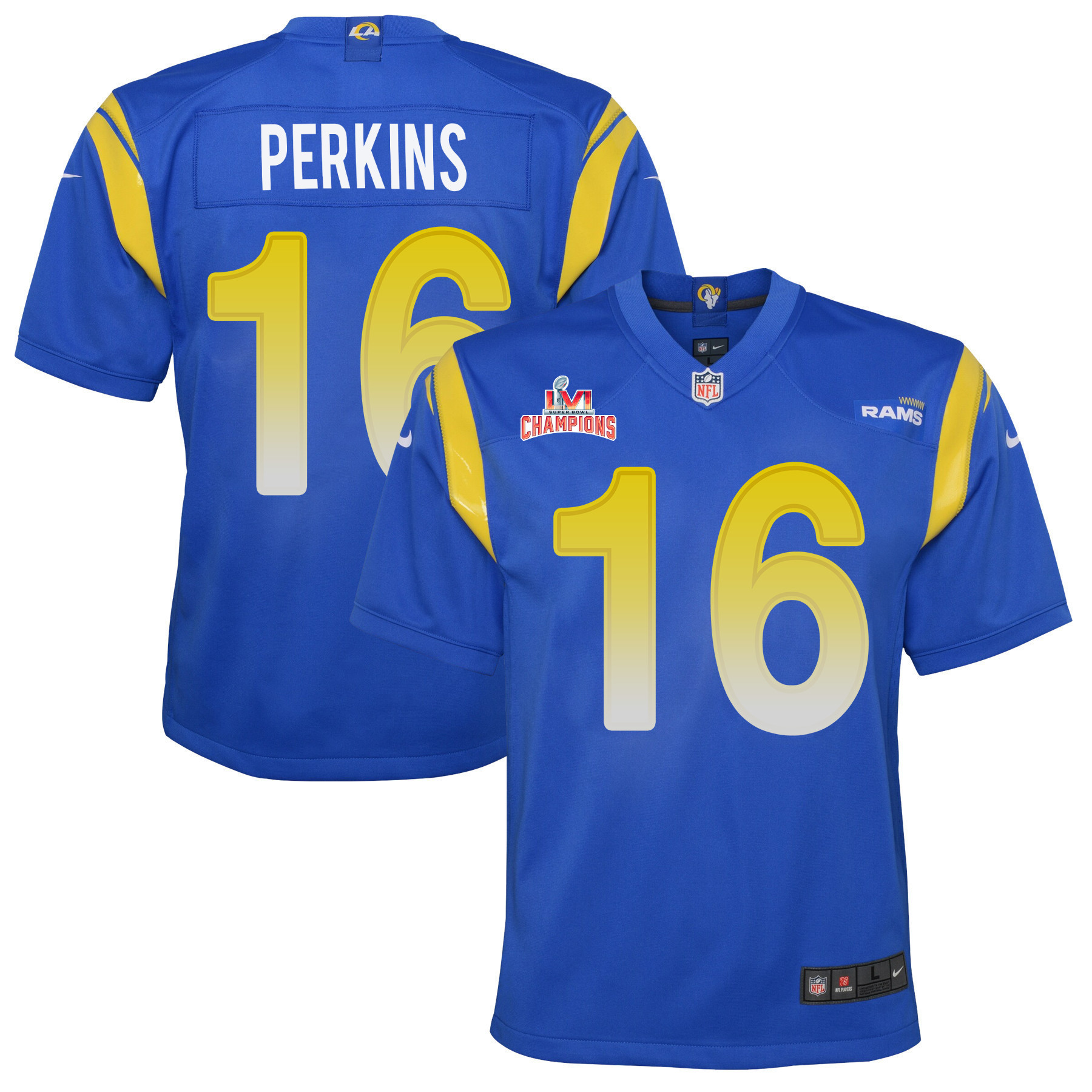 Super Bowl LVI Champions Los Angeles Rams Bryce Perkins 16 Royal Youth's Jersey Jersey
