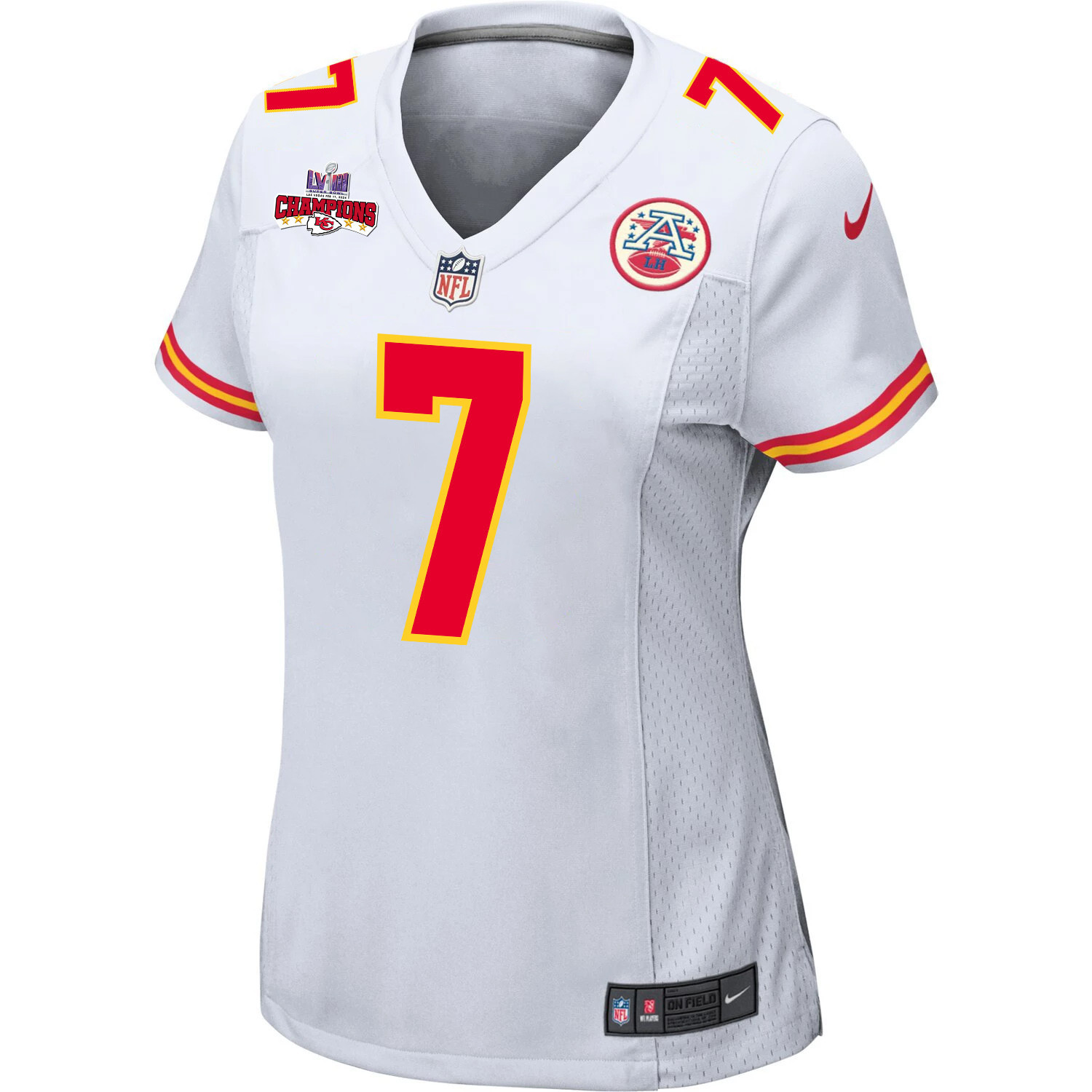 Harrison Butker 7 Kansas City Chiefs Super Bowl LVIII Champions 4 Stars Patch Game Women Jersey - White