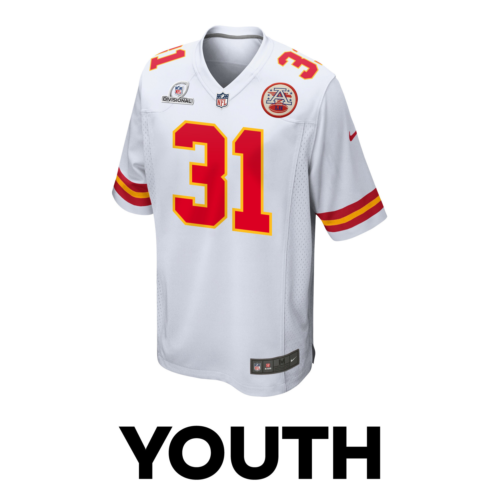 Nic Jones 31 Kansas City Chiefs Super Bowl LVIII Patch Game YOUTH Jersey - White