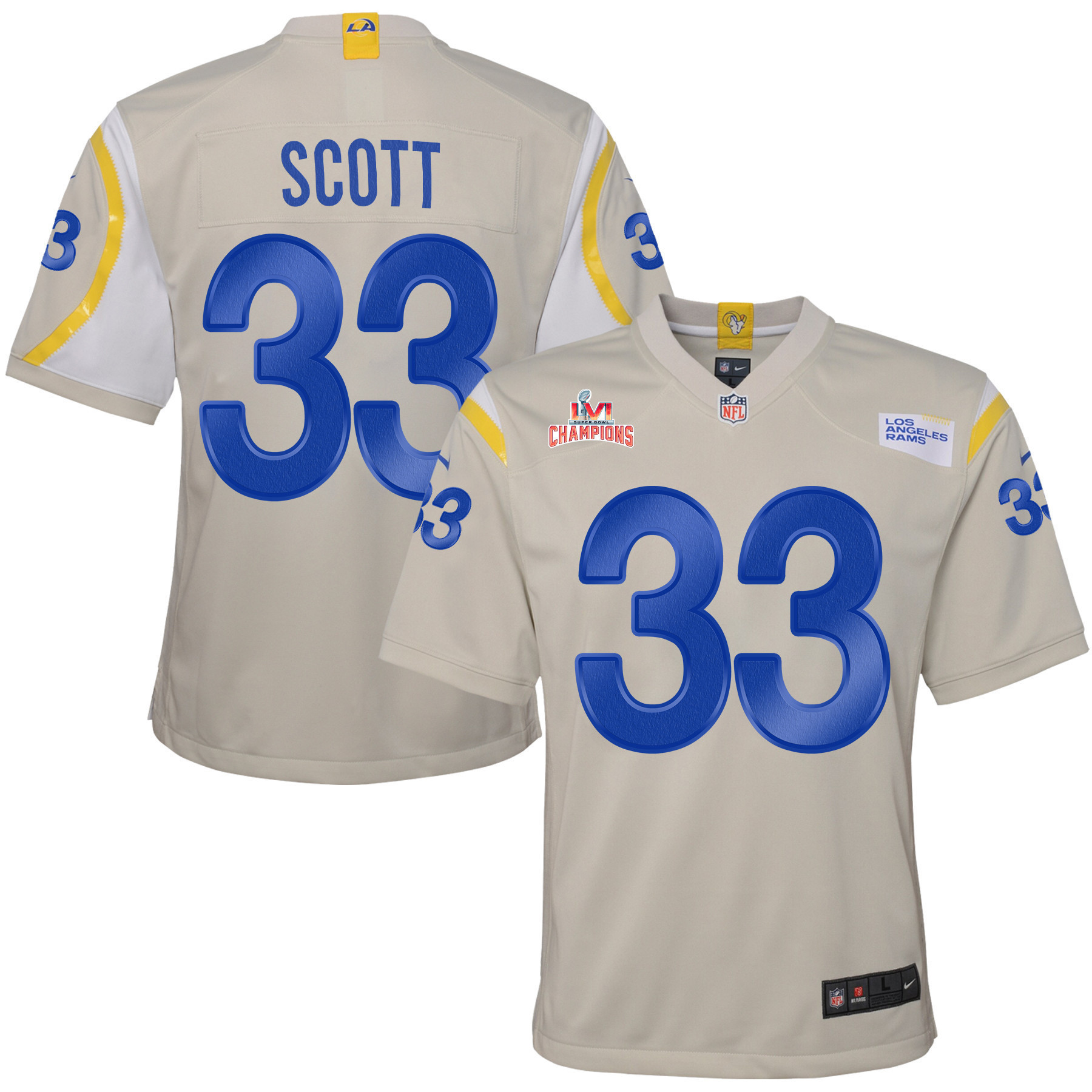 Super Bowl LVI Champions Los Angeles Rams Nick Scott 33 Bone Youth's Jersey Jersey