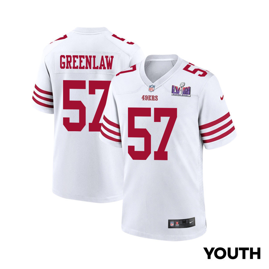Dre Greenlaw 57 San Francisco 49ers Super Bowl LVIII Patch Game YOUTH Jersey - White