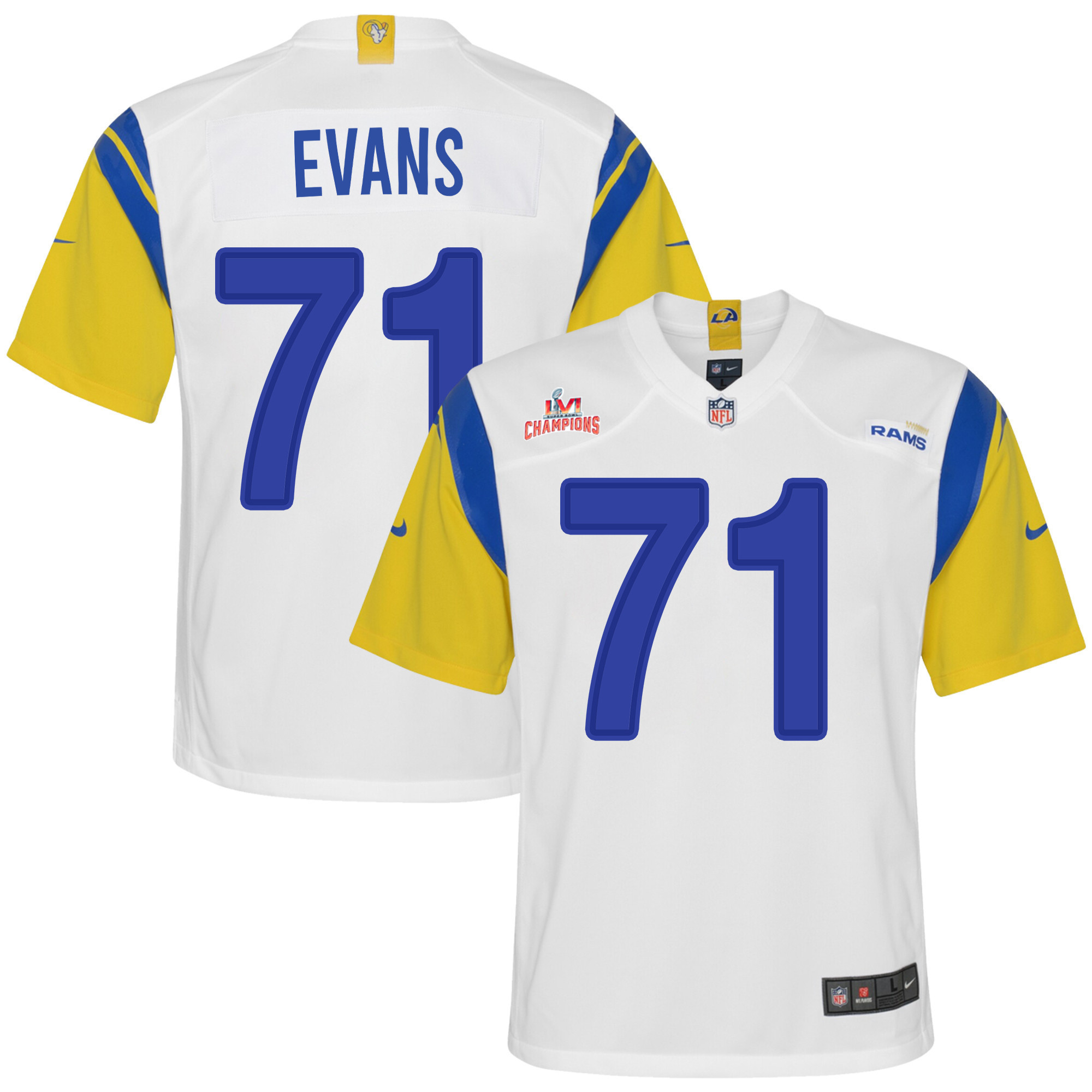 Super Bowl LVI Champions Los Angeles Rams Bobby Evans 71 White Youth's Jersey Jersey
