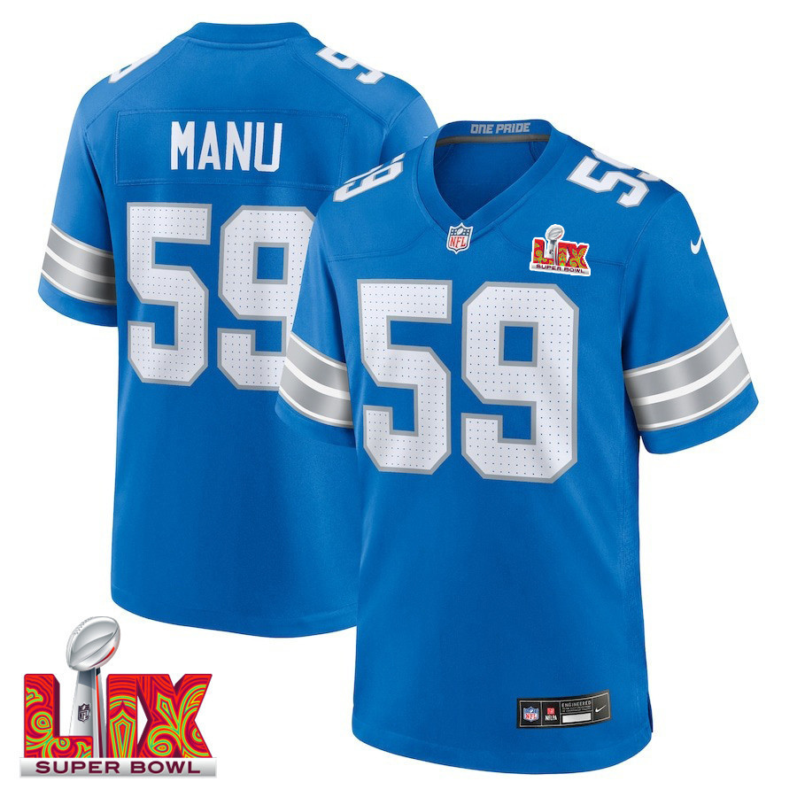 Giovanni Manu #59 Detroit Lions Super Bowl LIX Jersey - Men's - Blue