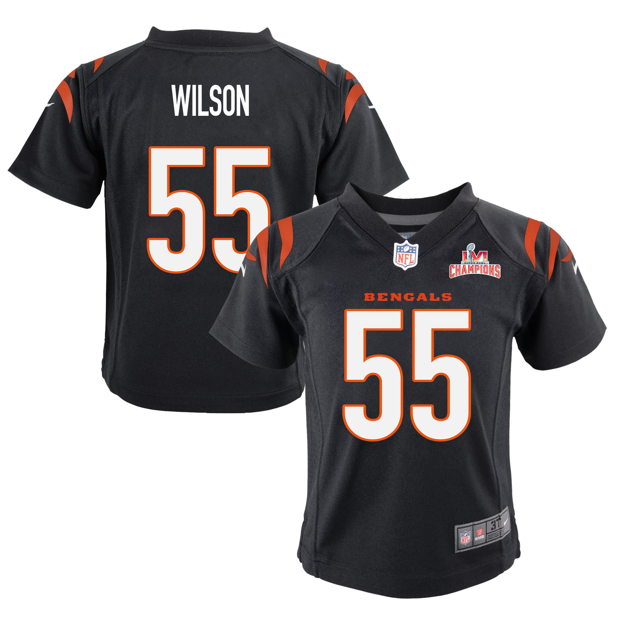 Super Bowl LVI Champions Cincinnati Bengals Logan Wilson 55 Black Youth's Jersey Jersey