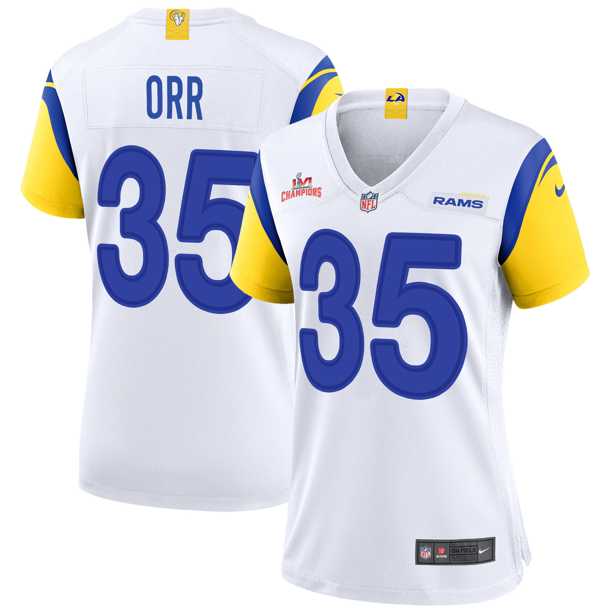 Super Bowl LVI Champions Los Angeles Rams Kareem Orr 35 White Women's Jersey Jersey
