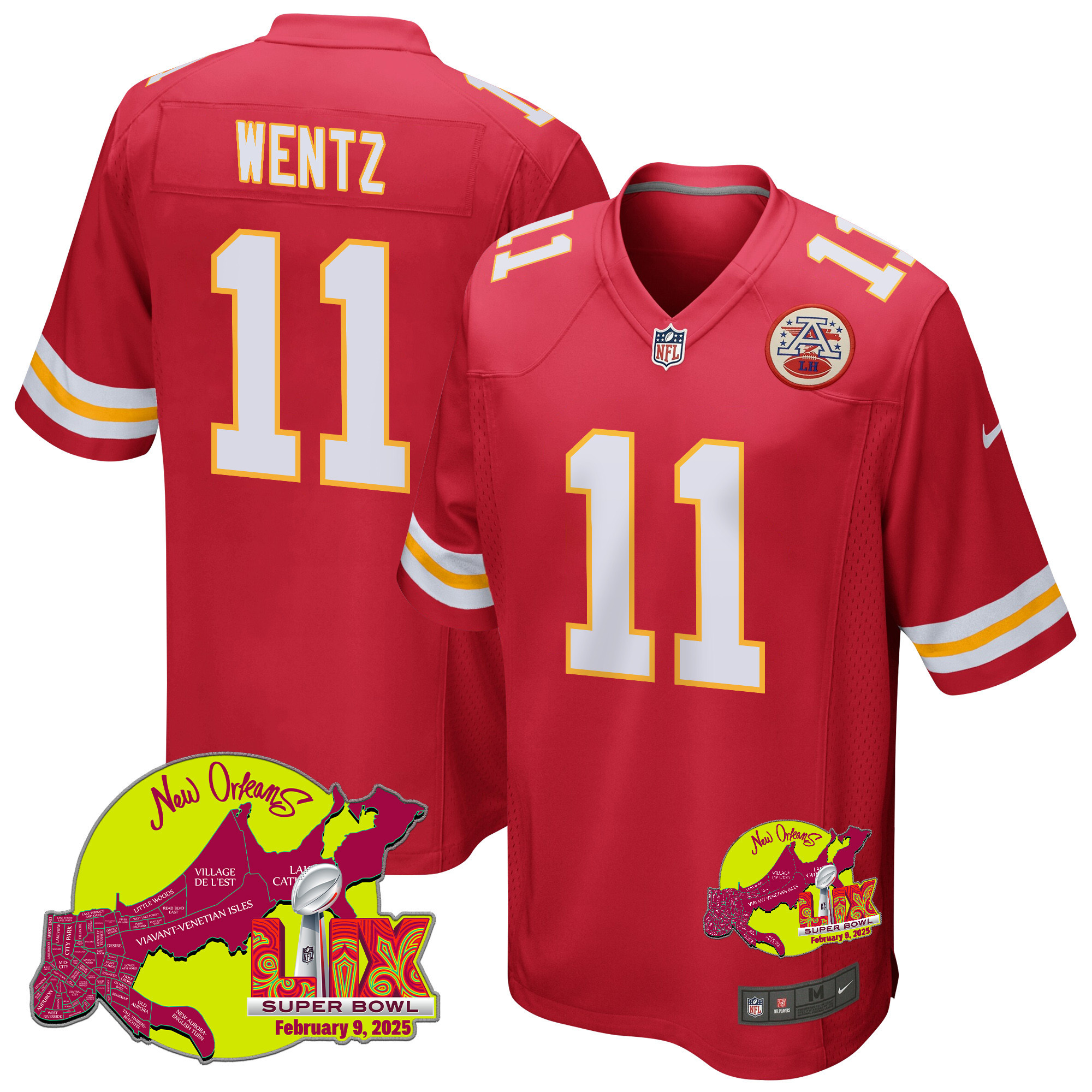 Carson Wentz 11 Kansas City Chiefs Super Bowl LIX New Orleans Patch Game Men Jersey - Red