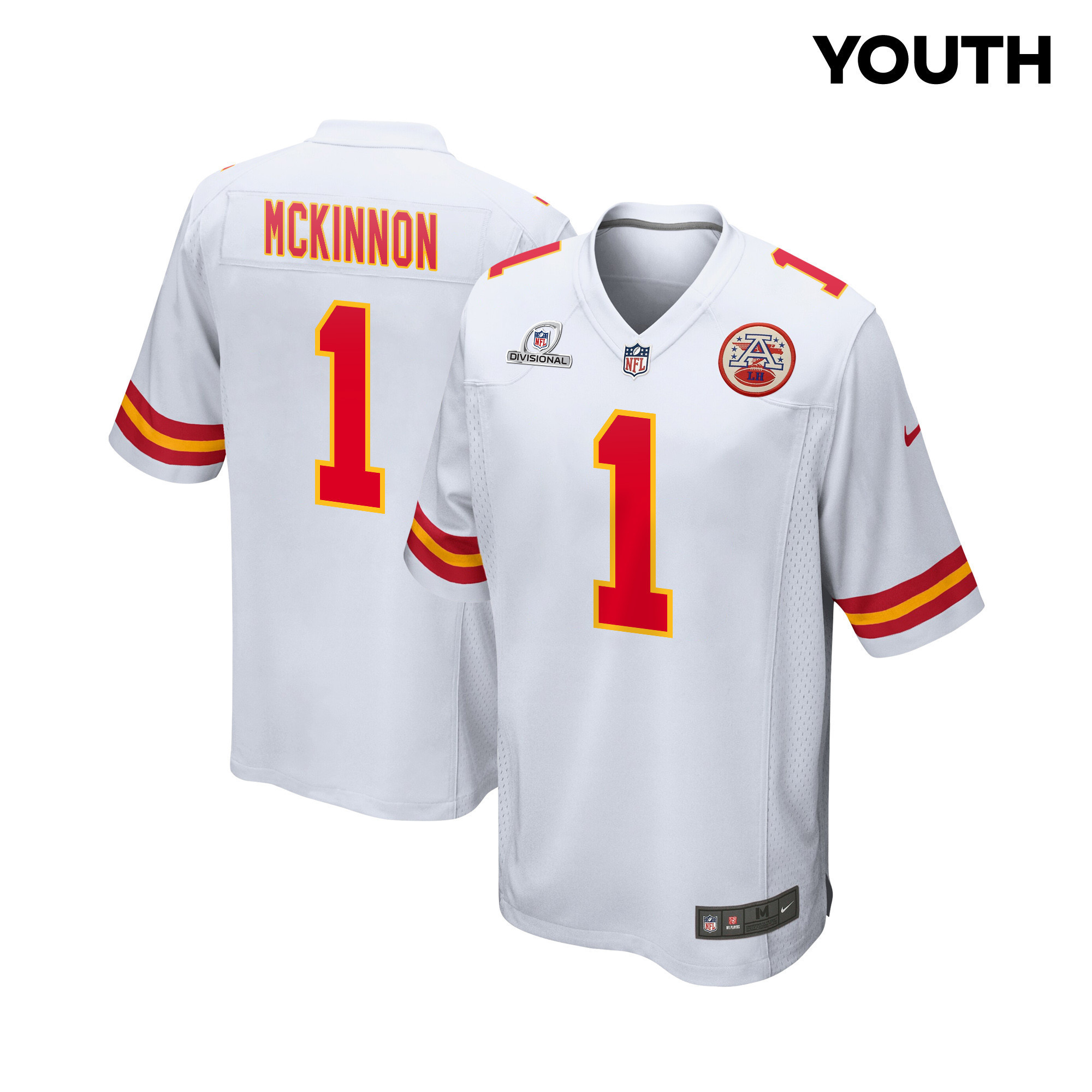 Jerick McKinnon 1 Kansas City Chiefs Super Bowl LVIII Patch Game YOUTH Jersey - White