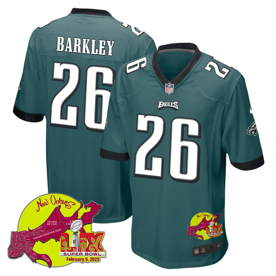 Saquon Barkley 26 Philadelphia Eagles Super Bowl LIX New Orleans Patch Game Men Jersey - Midnight Green