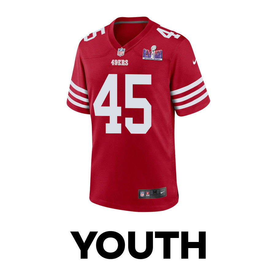 Demetrius Flannigan-Fowles 45 San Francisco 49ers Super Bowl LVIII Patch Game YOUTH Jersey - Scarlet