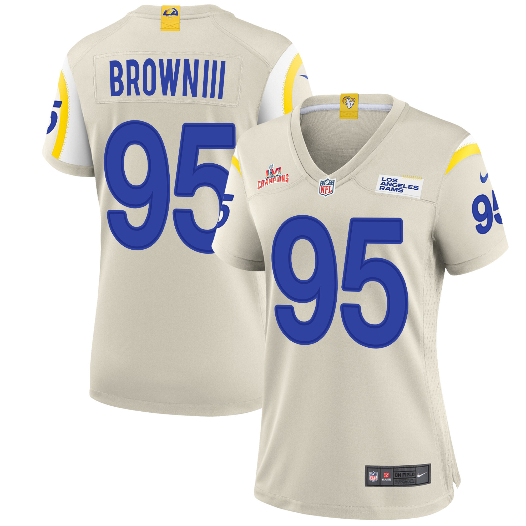 Super Bowl LVI Champions Los Angeles Rams Bobby Brown III 95 Bone Women's Jersey Jersey