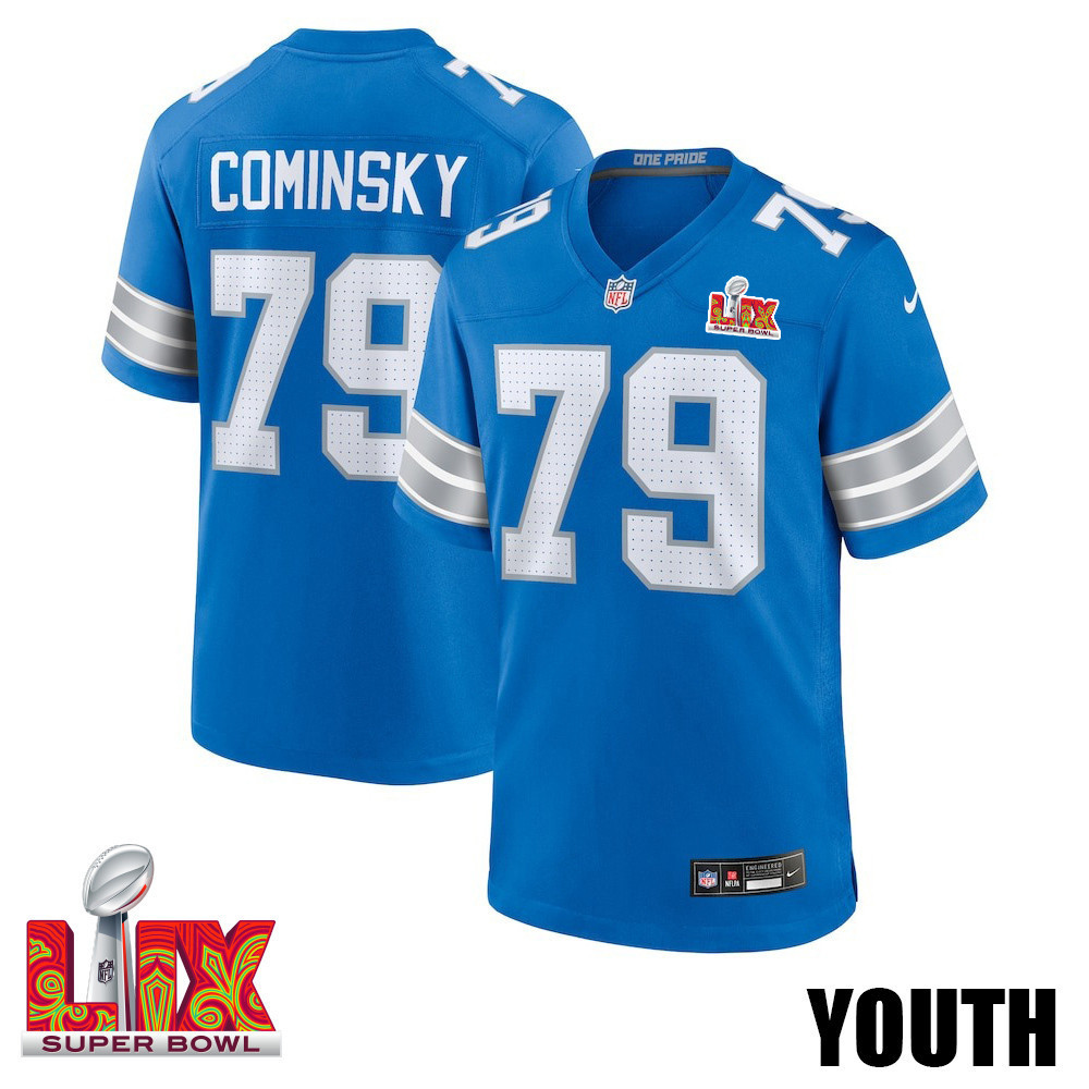 John Cominsky #79 Detroit Lions Super Bowl LIX YOUTH Jersey - Blue