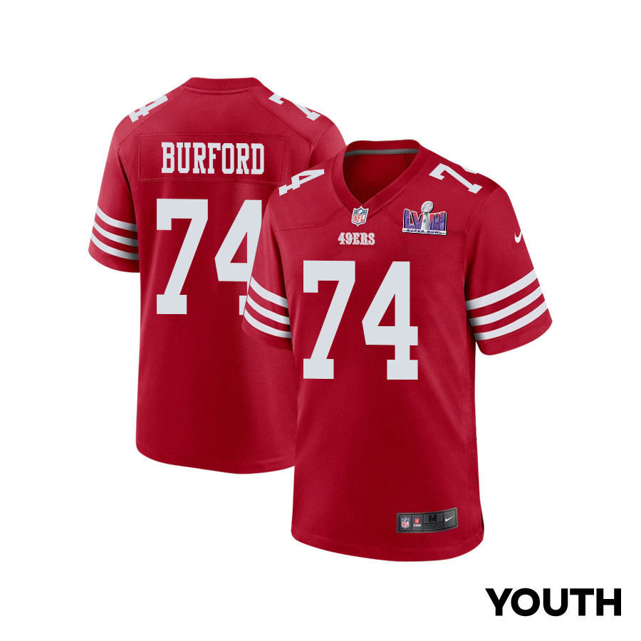 Spencer Burford 74 San Francisco 49ers Super Bowl LVIII Patch Game YOUTH Jersey - Scarlet