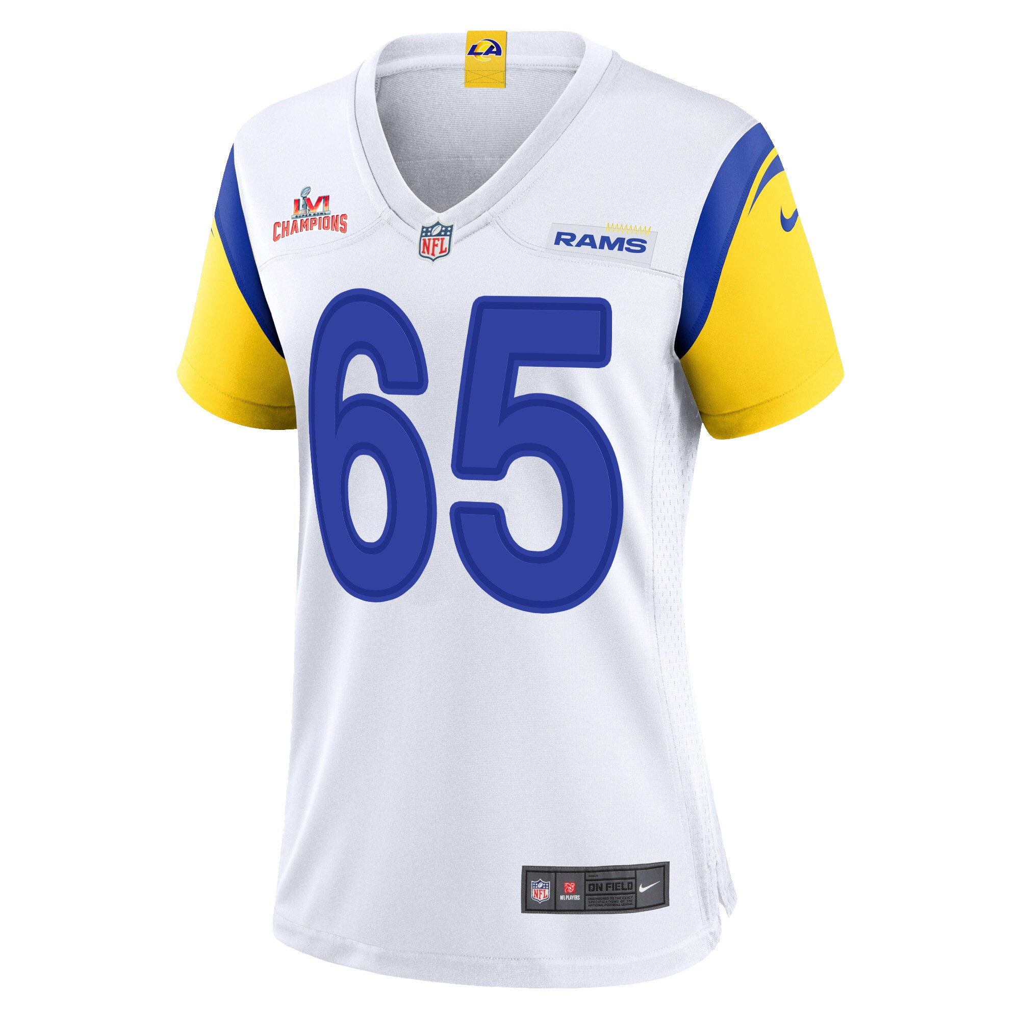 Super Bowl LVI Champions Los Angeles Rams Coleman Shelton 65 White Women's Jersey Jersey
