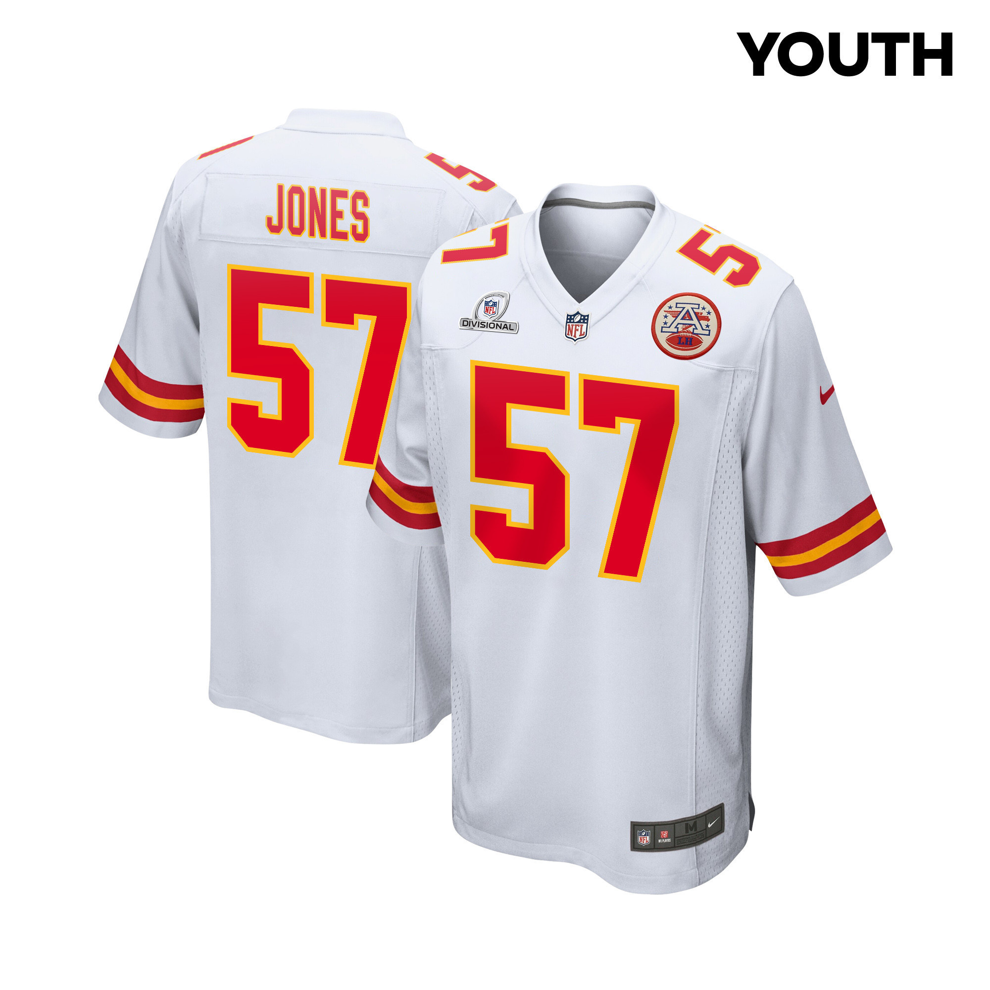 Truman Jones 57 Kansas City Chiefs Super Bowl LVIII Patch Game YOUTH Jersey - White