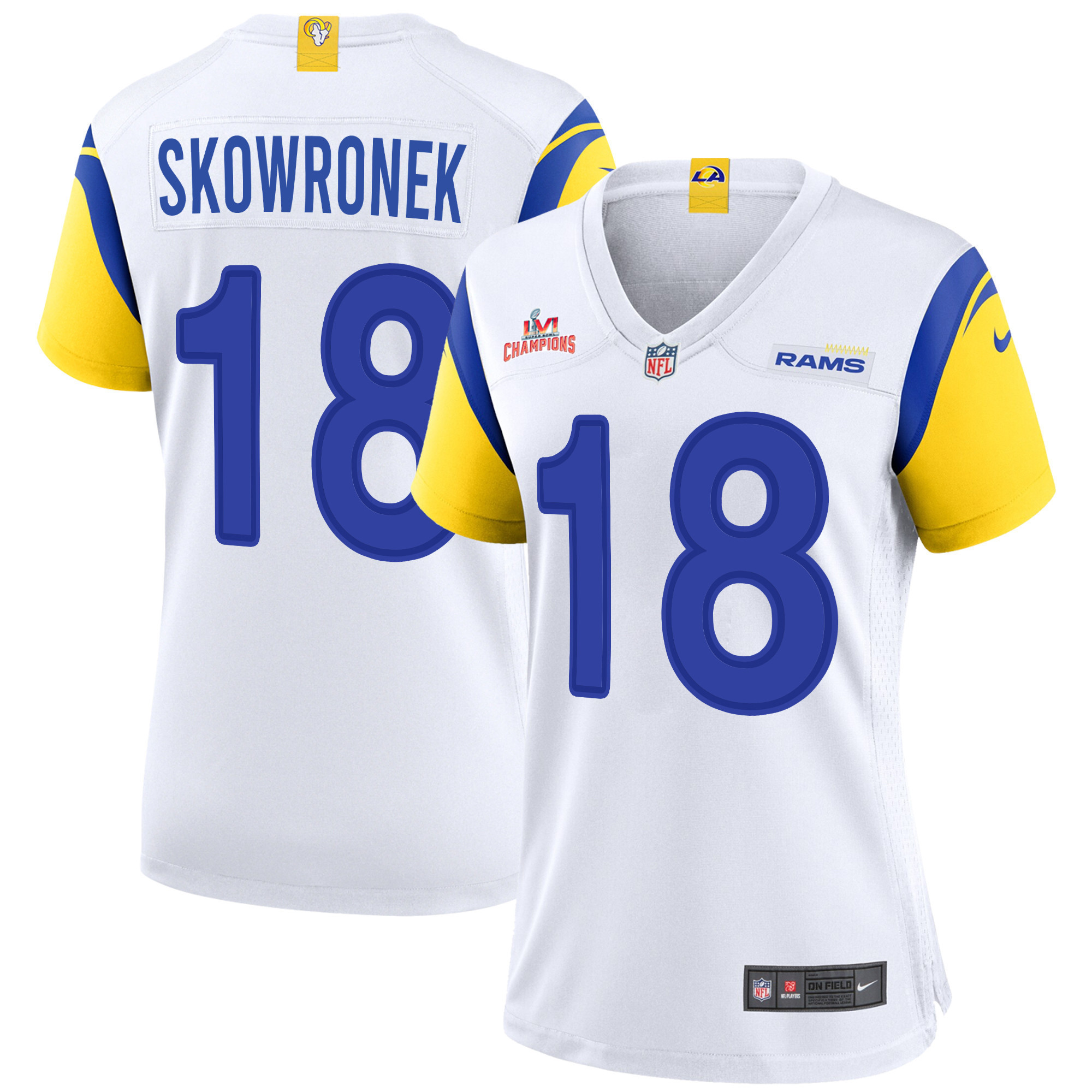 Super Bowl LVI Champions Los Angeles Rams Ben Skowronek 18 White Women's Jersey Jersey
