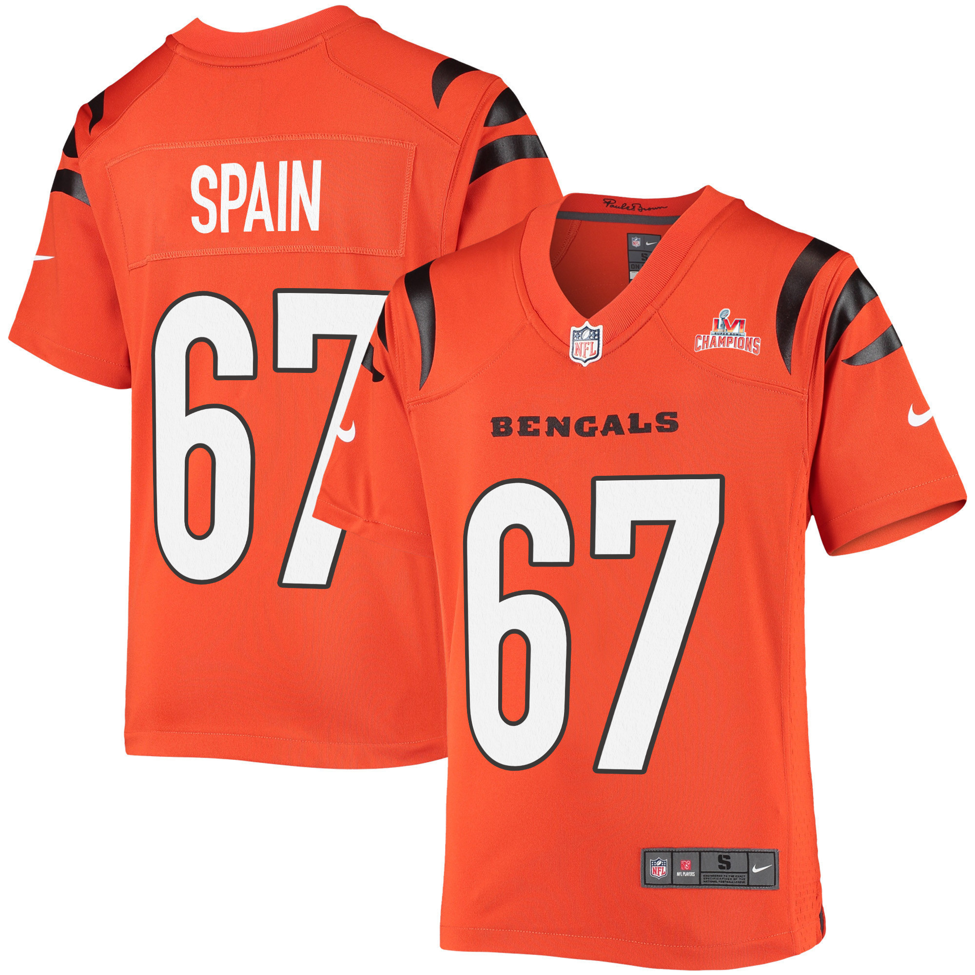 Super Bowl LVI Champions Cincinnati Bengals Quinton Spain 67 Orange Youth's Jersey Jersey