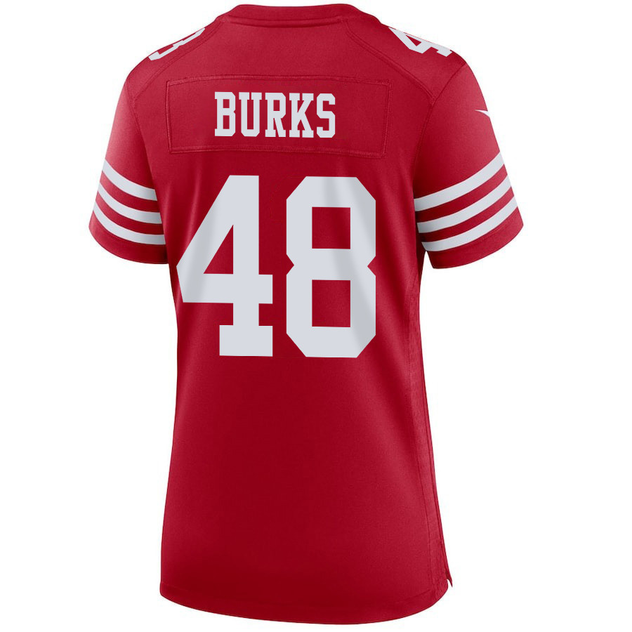 Oren Burks 48 San Francisco 49ers Super Bowl LVIII Patch Game Women Jersey - Scarlet