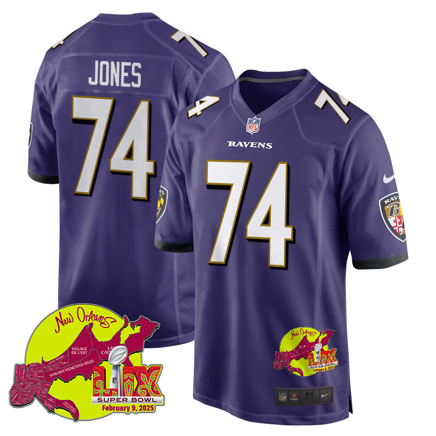 Josh Jones 74 Baltimore Ravens Super Bowl LIX New Orleans Patch Game Men Jersey - Purple