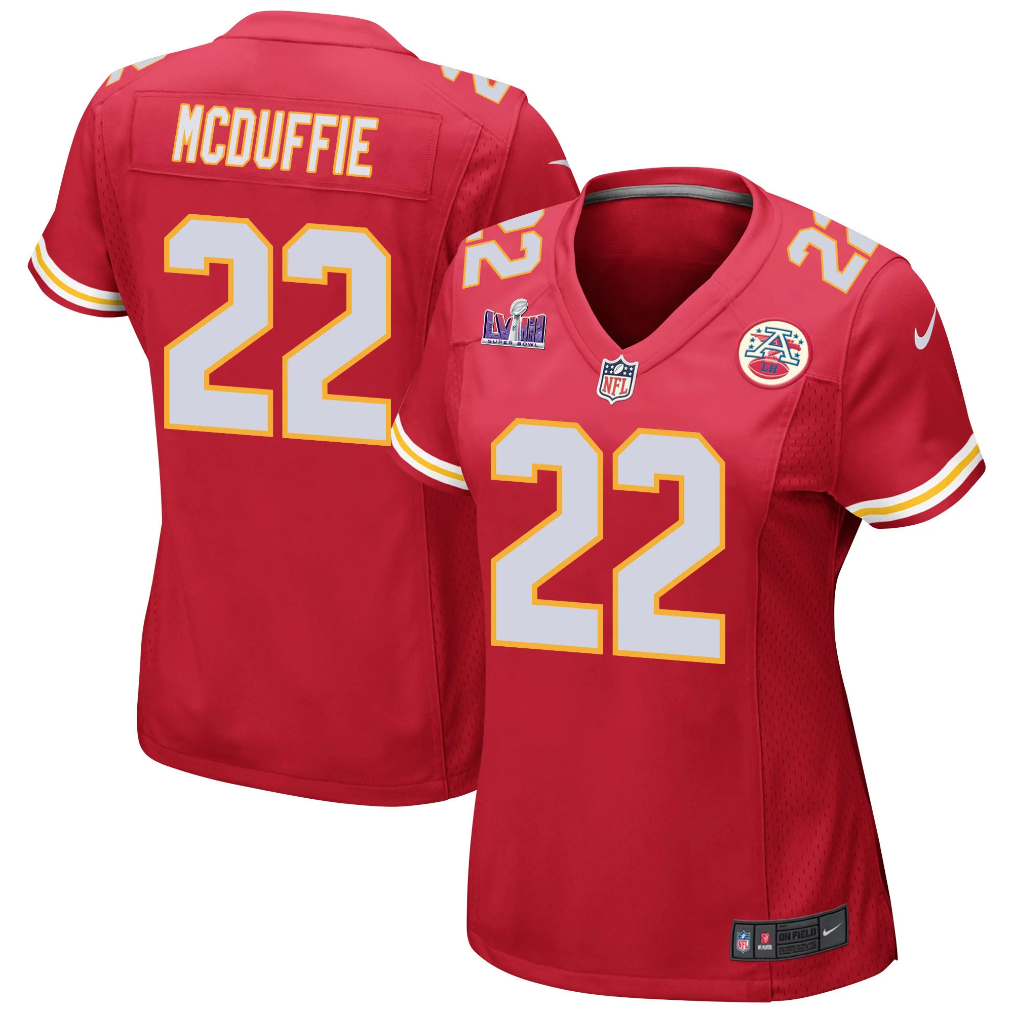 Trent McDuffie 22 Kansas City Chiefs Super Bowl LVIII Patch Game Women Jersey - Red