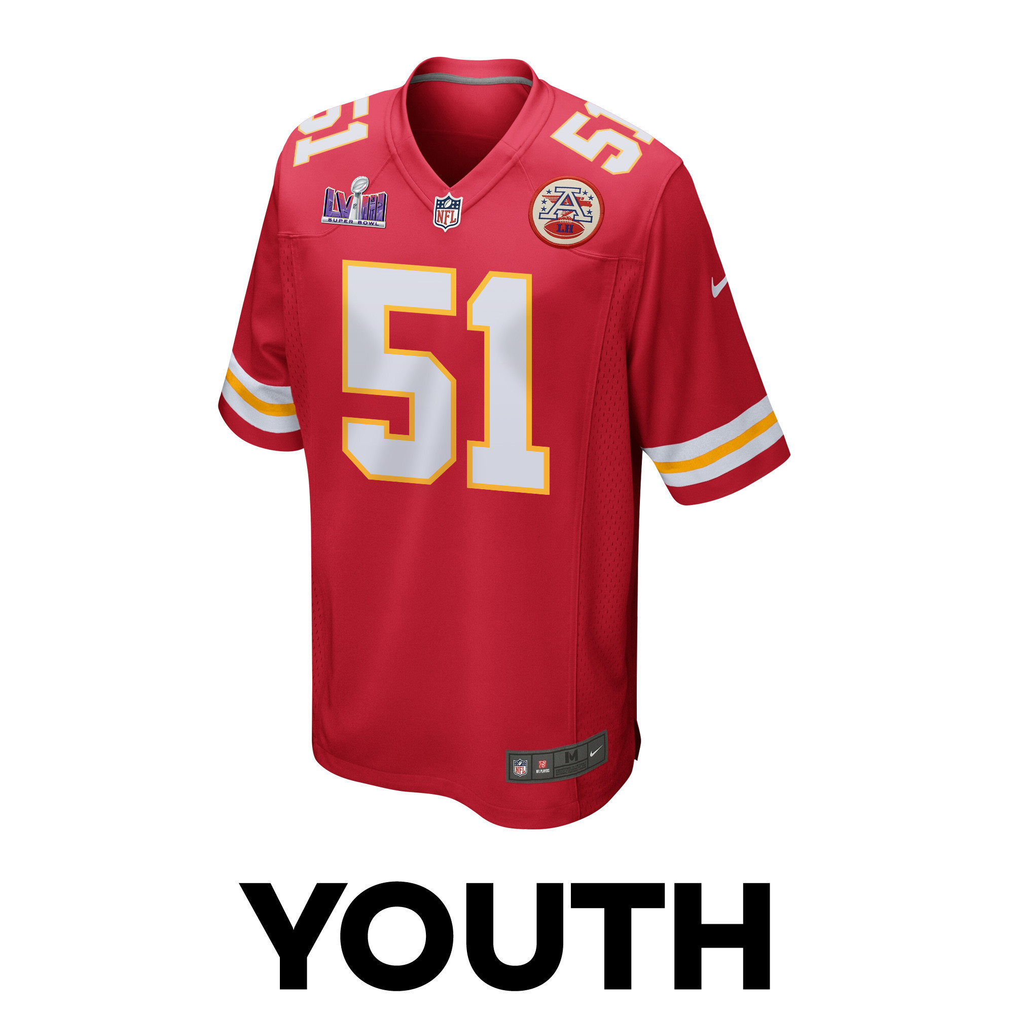 Mike Danna 51 Kansas City Chiefs Super Bowl LVIII Patch Game YOUTH Jersey - Red