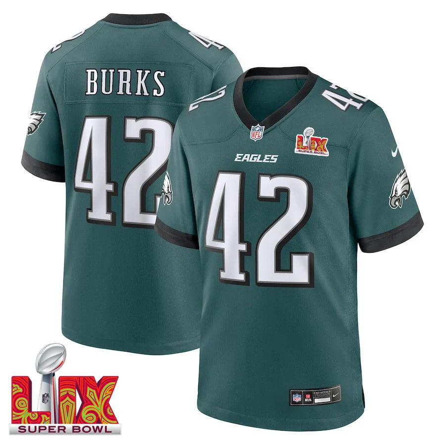 Oren Burks #42 Philadelphia Eagles Super Bowl LIX Jersey - Men's - Midnight Green