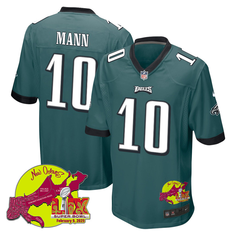 Braden Mann 10 Philadelphia Eagles Super Bowl LIX New Orleans Patch Game Men Jersey - Midnight Green