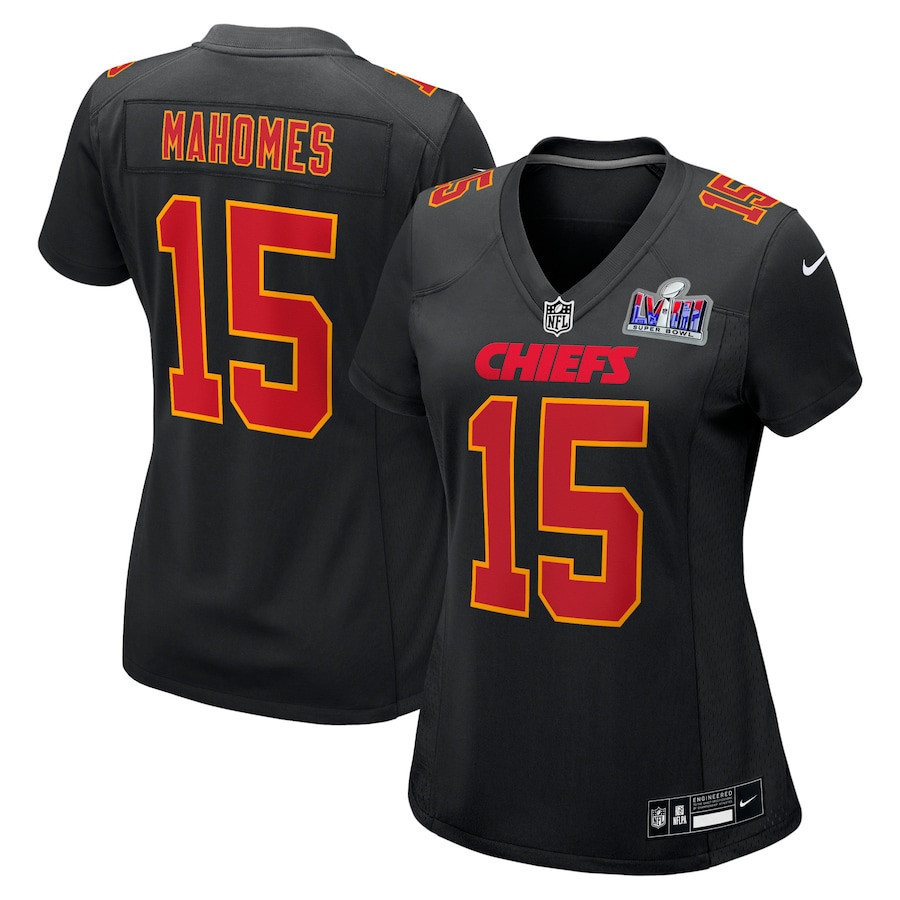 Patrick Mahomes 15 Kansas City Chiefs Super Bowl LVIII Fashion Game Women Jersey - Carbon Black