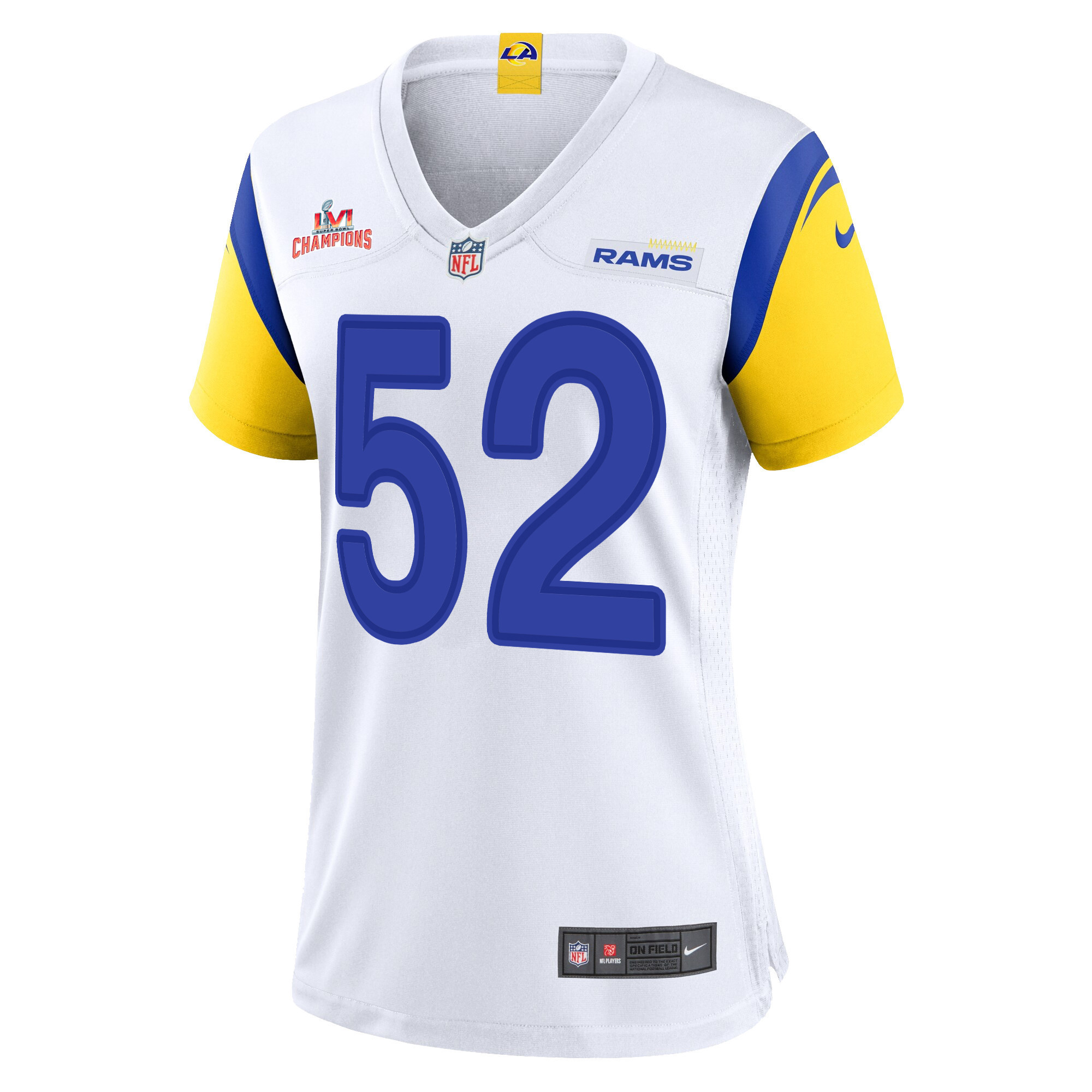 Super Bowl LVI Champions Los Angeles Rams Terrell Lewis 52 White Women's Jersey Jersey