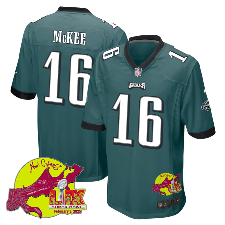 Tanner McKee 16 Philadelphia Eagles Super Bowl LIX New Orleans Patch Game Men Jersey - Midnight Green