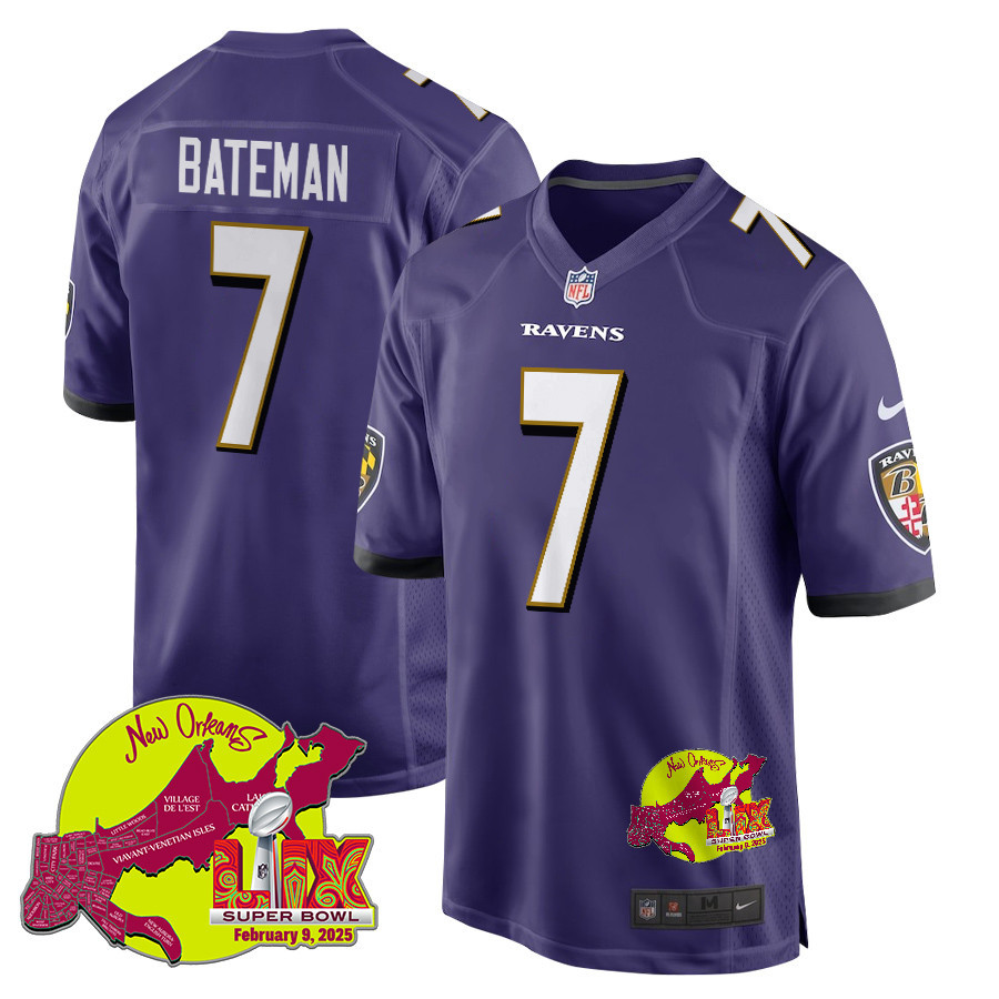 Rashod Bateman 7 Baltimore Ravens Super Bowl LIX New Orleans Patch Game Men Jersey - Purple