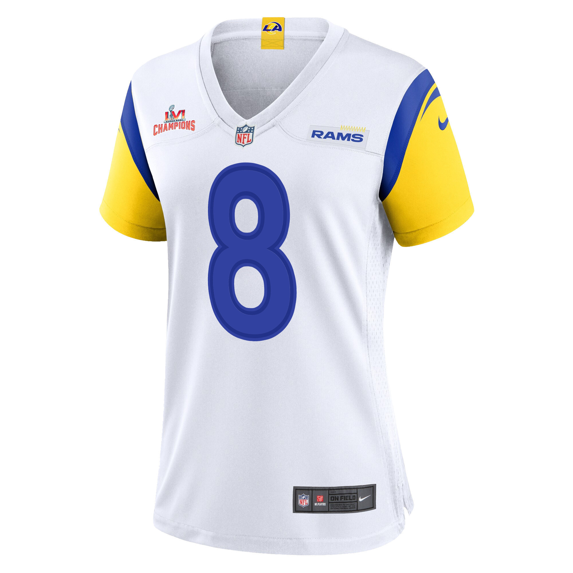 Super Bowl LVI Champions Los Angeles Rams Matt Gay 8 White Women's Jersey Jersey