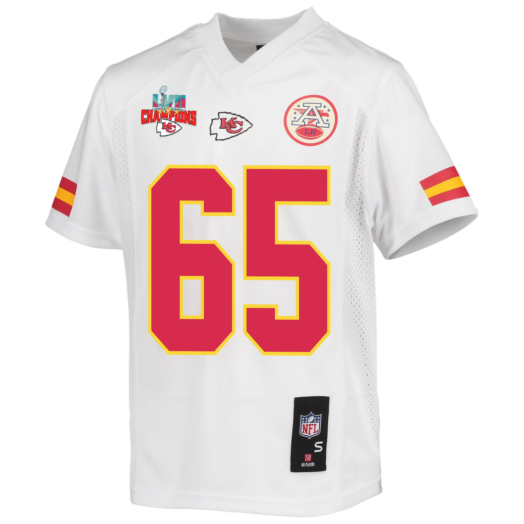 Trey Smith 65 Kansas City Chiefs Super Bowl LVII Champions 3 Stars Youth Game Jersey - White