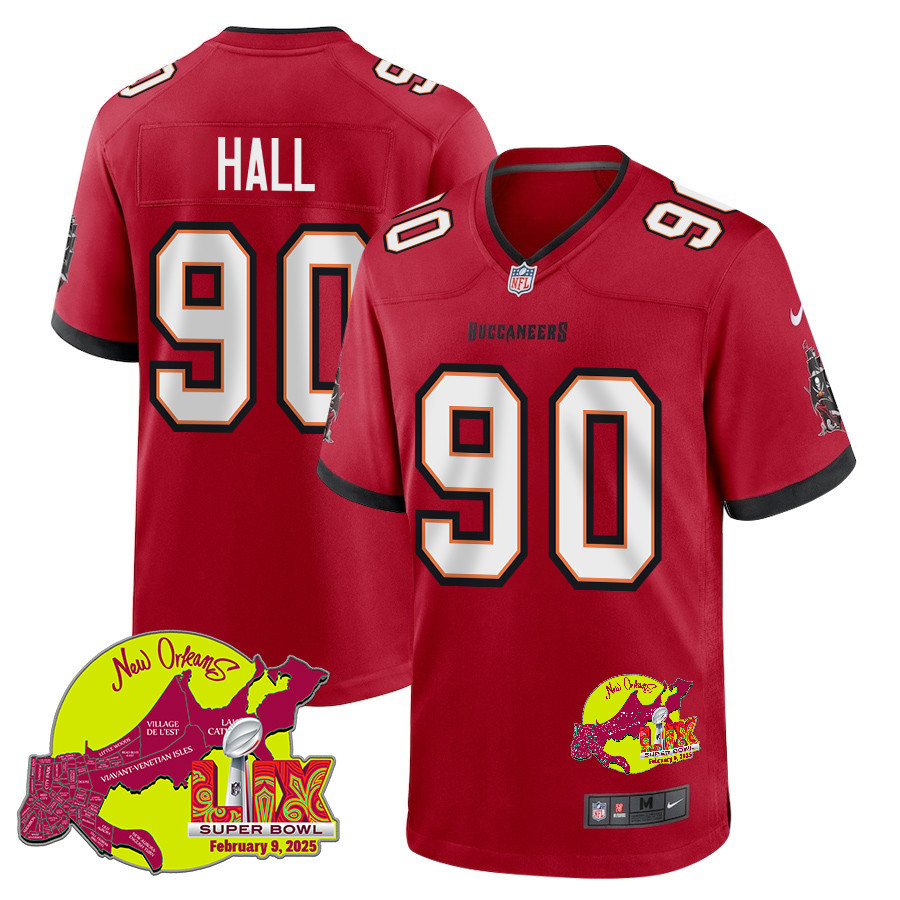 Logan Hall 90 Tampa Bay Buccaneers Super Bowl LIX New Orleans Patch Game Men Jersey - Red