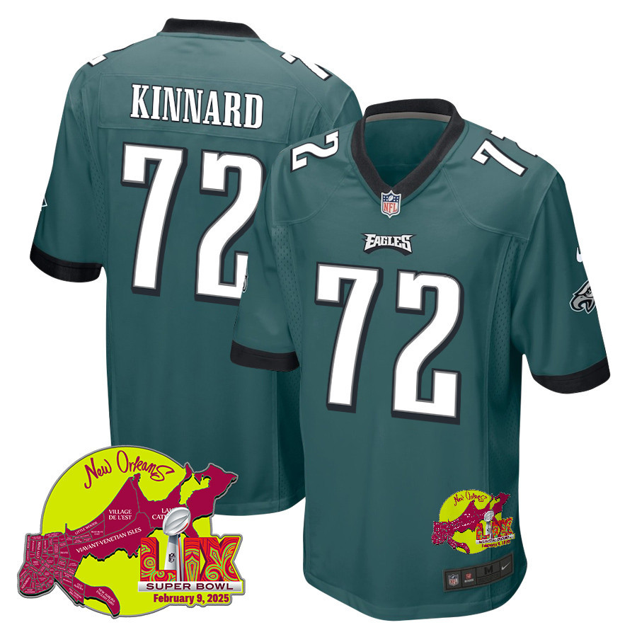 Darian Kinnard 72 Philadelphia Eagles Super Bowl LIX New Orleans Patch Game Men Jersey - Midnight Green