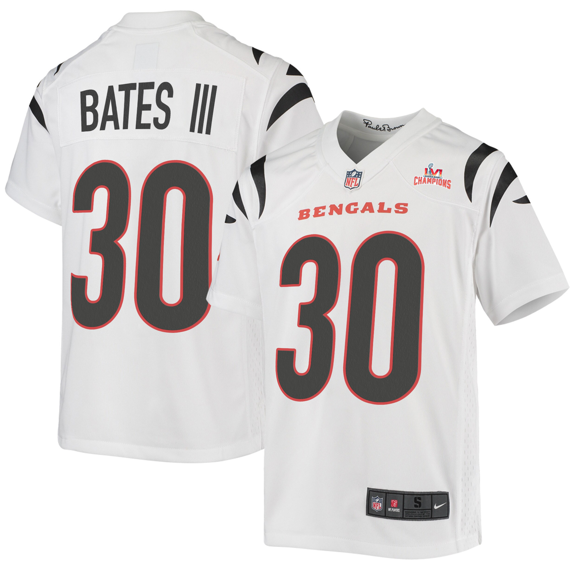 Super Bowl LVI Champions Cincinnati Bengals Jessie Bates III 30 White Youth's Jersey Jersey
