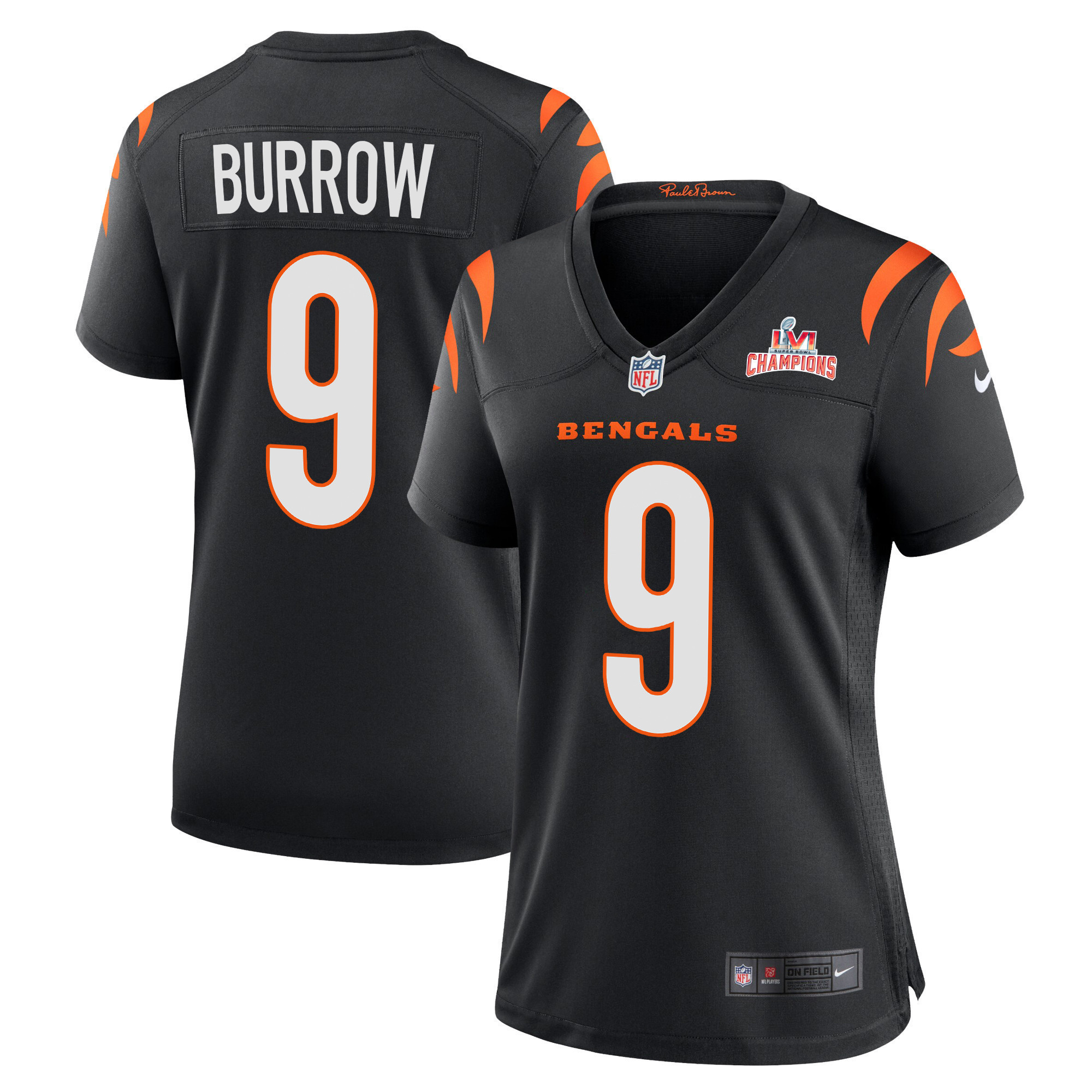 Super Bowl LVI Champions Cincinnati Bengals Joe Burrow 9 Black Women's Jersey Jersey