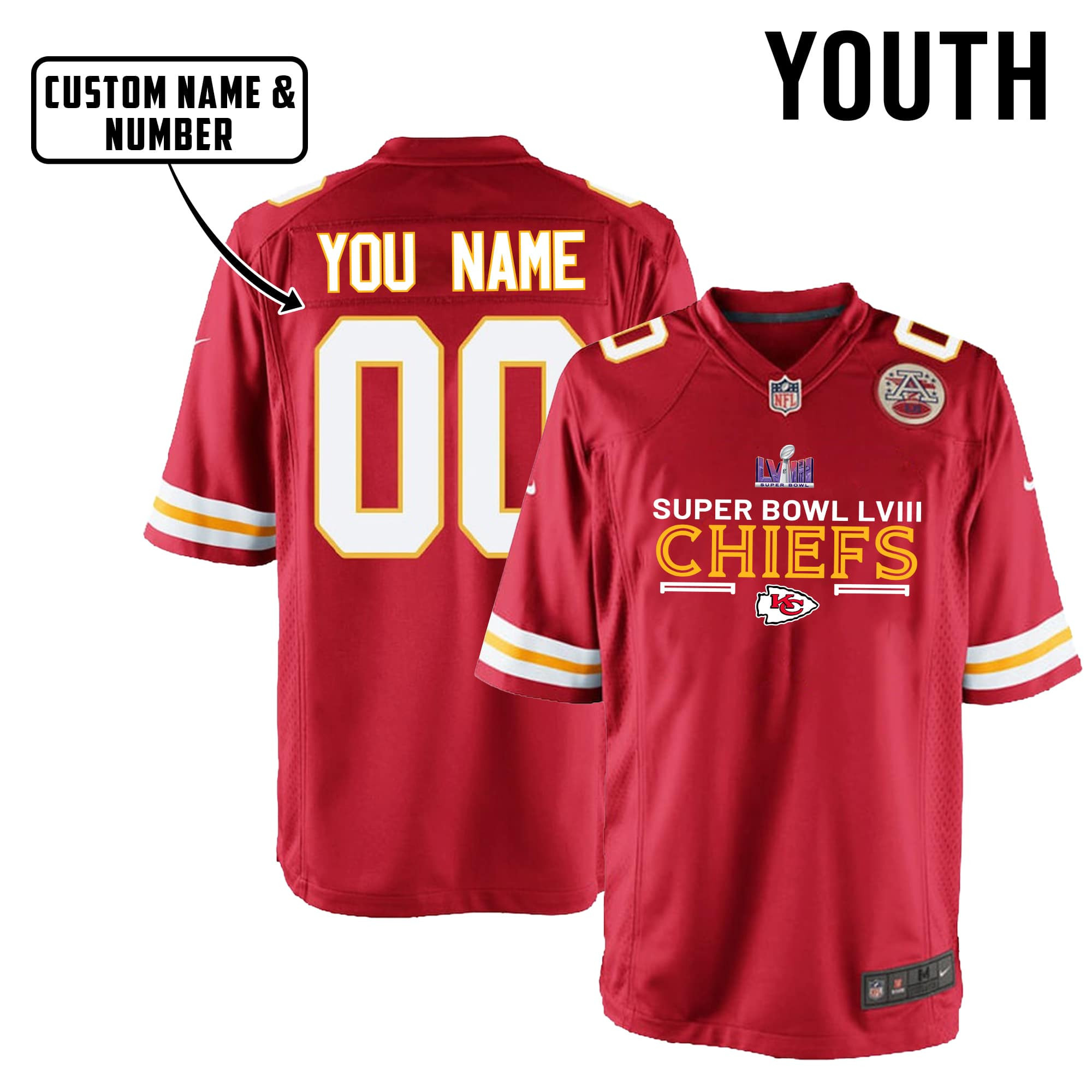 Kansas City Chiefs Super Bowl LVIII Game Style YOUTH Jersey - Red V3