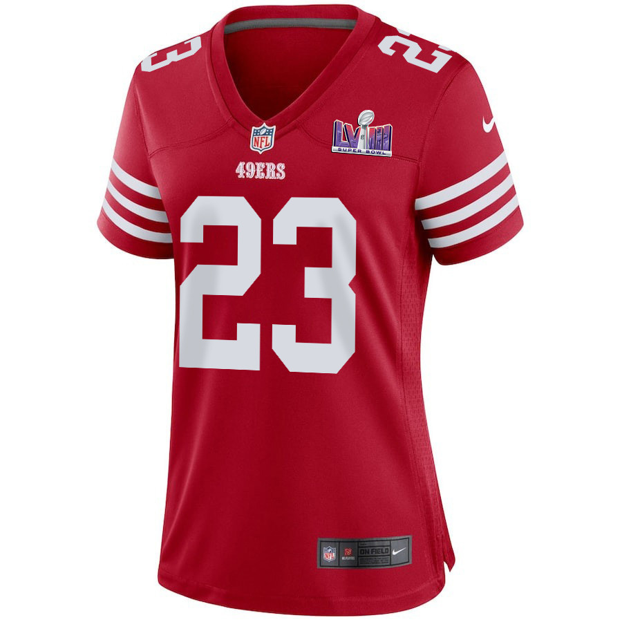 Christian McCaffrey 23 San Francisco 49ers Super Bowl LVIII Patch Game Women Jersey - Scarlet