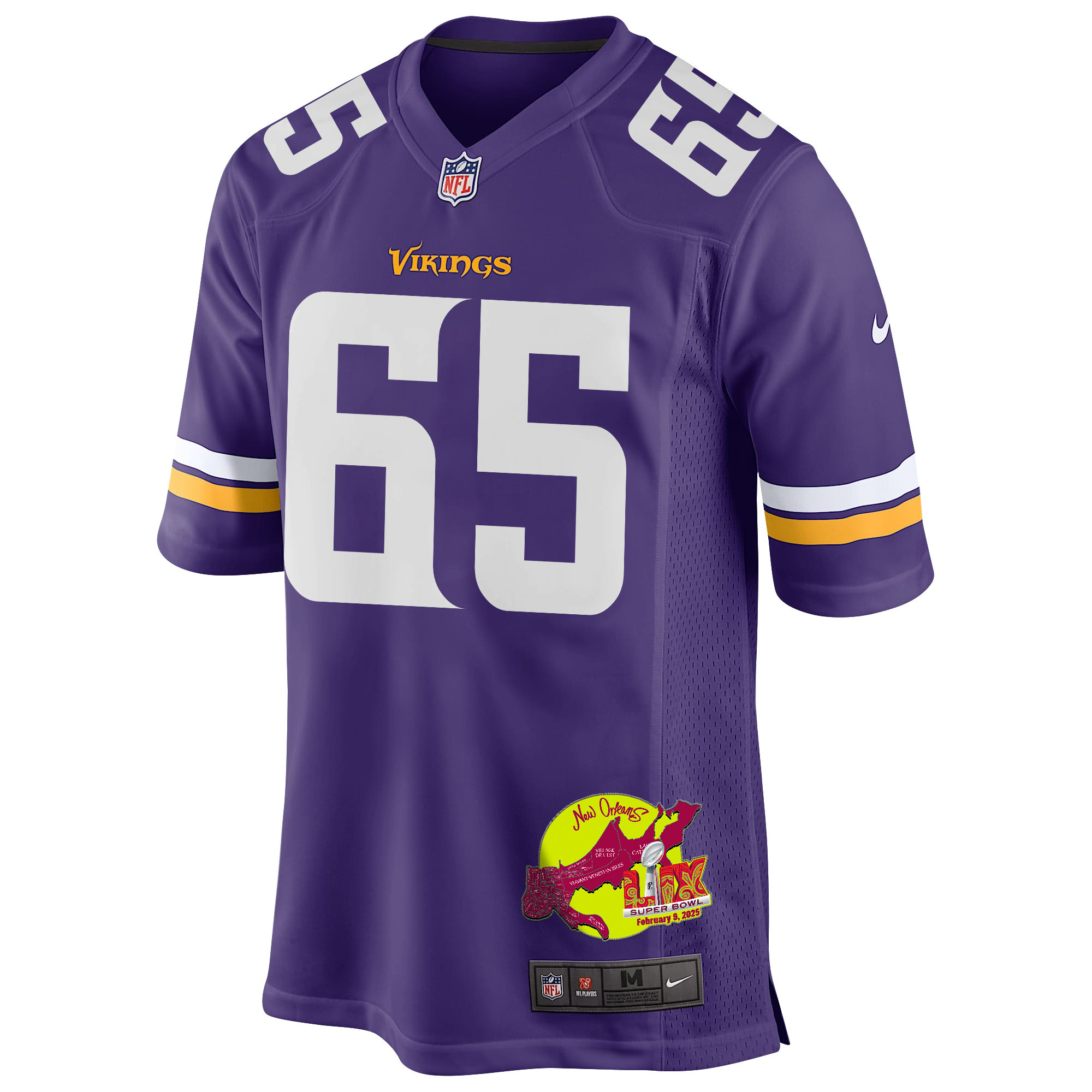 Michael Jurgens 65 Minnesota Vikings Super Bowl LIX New Orleans Patch Game Men Jersey - Purple